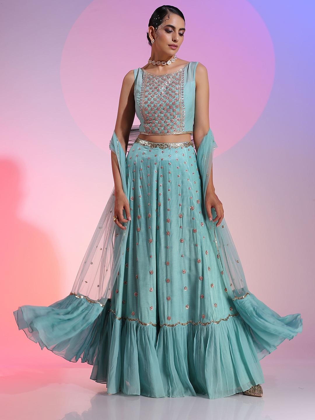 

KUDI PATAKA Embroidered Ready to Wear Lehenga & Blouse With Dupatta, Turquoise blue