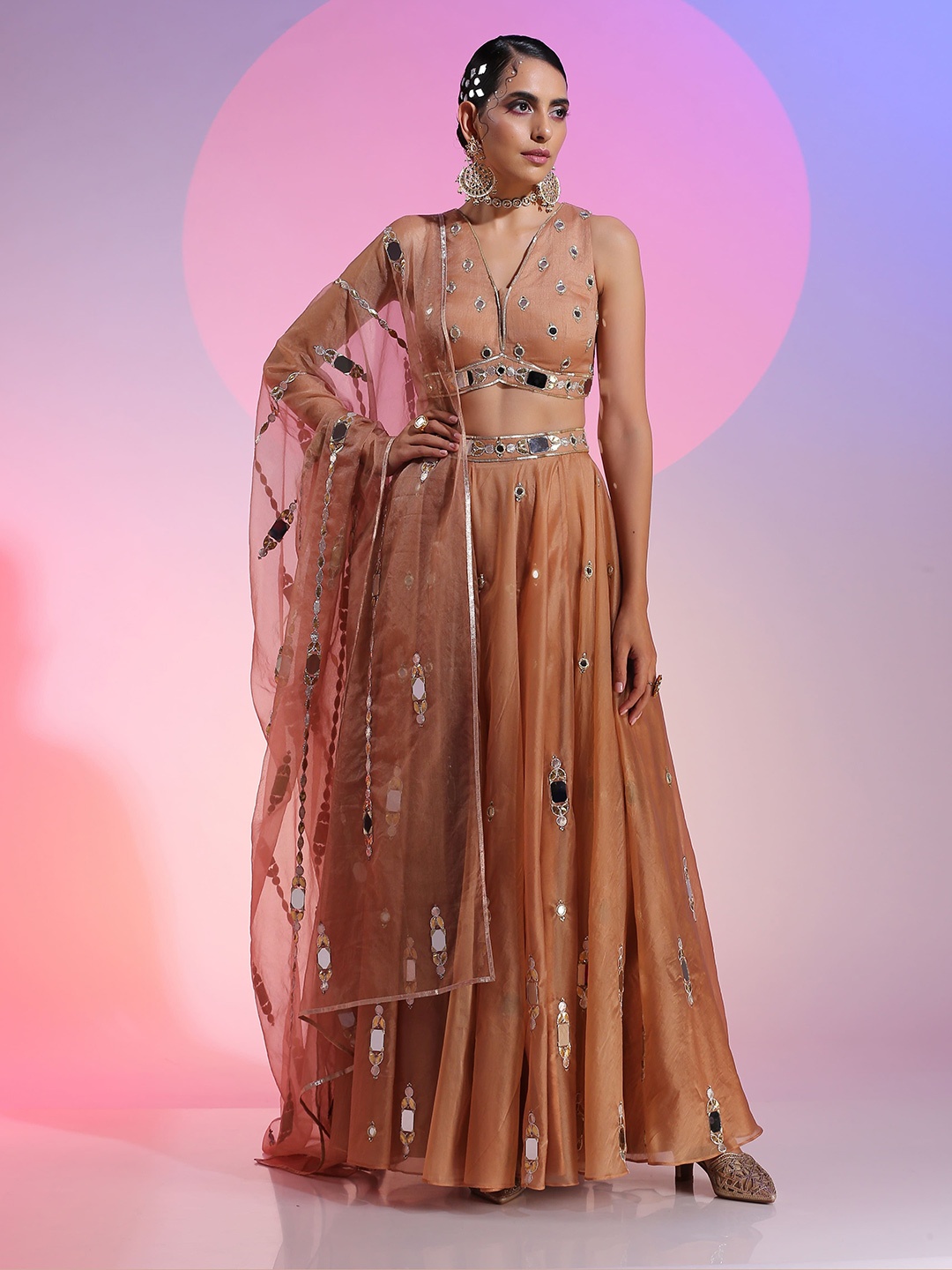 

KUDI PATAKA Embroidered Mirror Work Ready to Wear Lehenga & Blouse With Dupatta, Brown