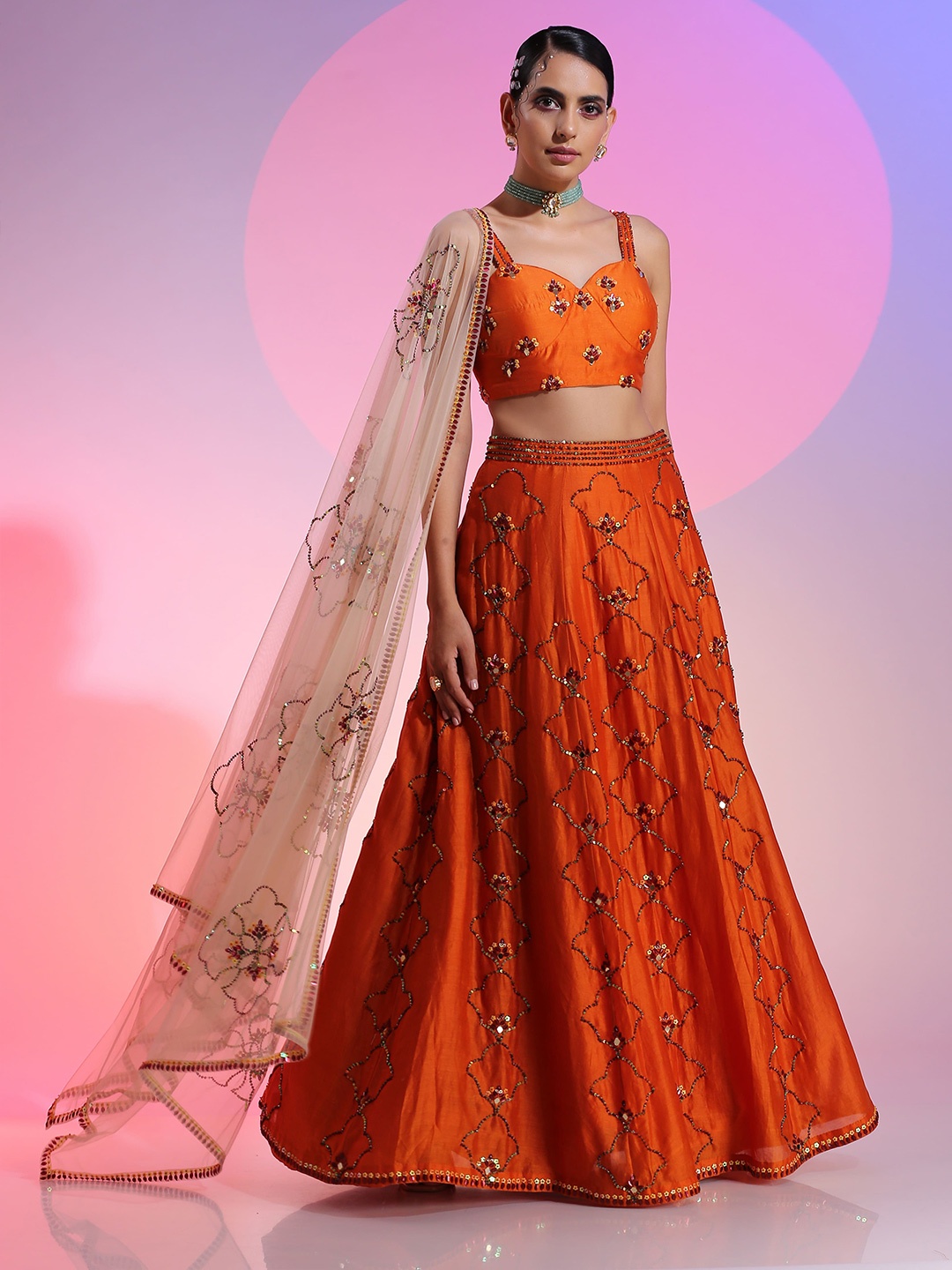 

KUDI PATAKA Embellished Beads and Stones Ready to Wear Lehenga & Blouse With Dupatta, Orange