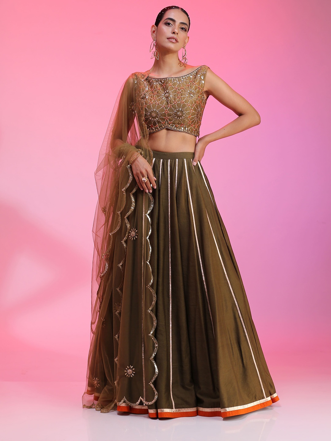 

KUDI PATAKA Embroidered Ready to Wear Lehenga & Blouse With Dupatta, Olive