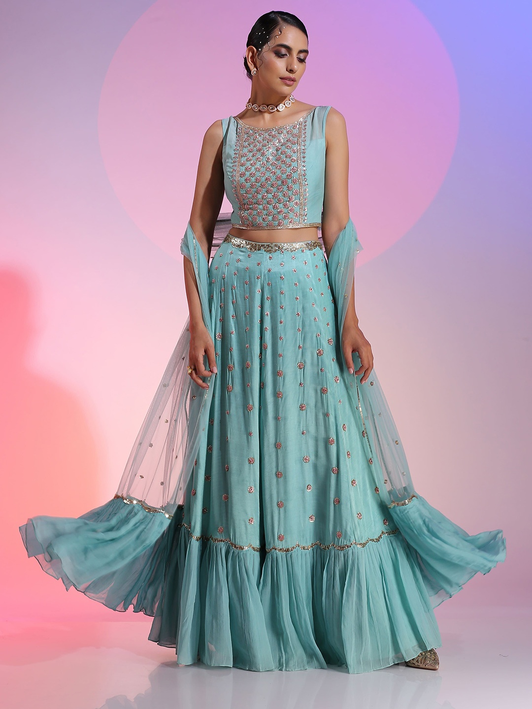 

KUDI PATAKA Embroidered Ready to Wear Lehenga & Blouse With Dupatta, Turquoise blue