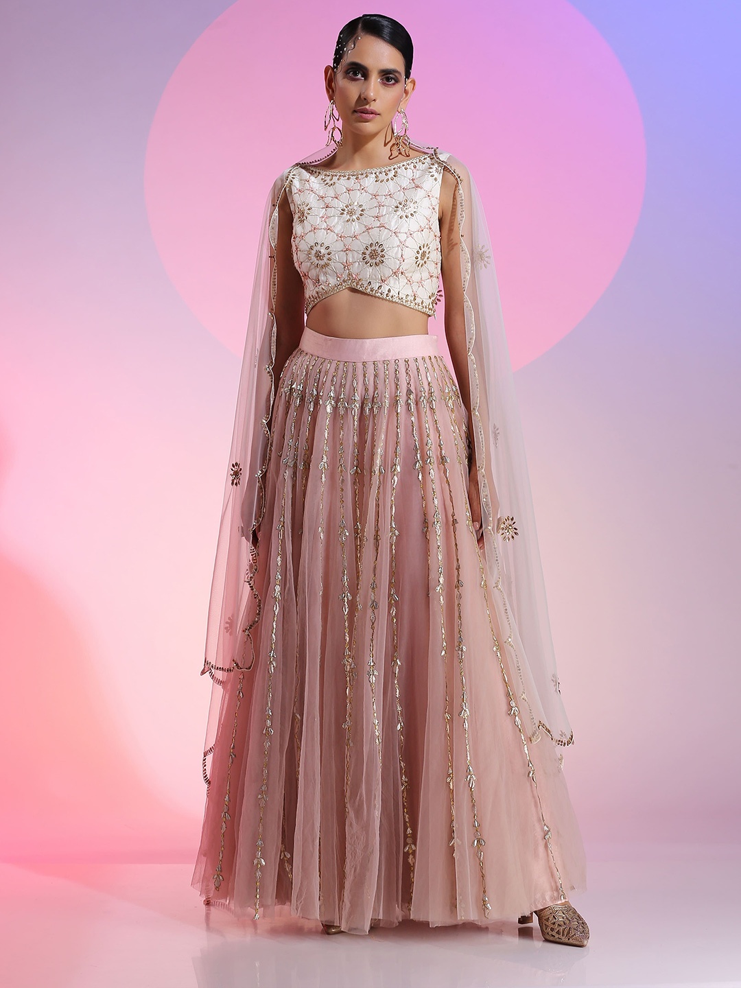 

KUDI PATAKA Embellished Beads & Stones Ready to Wear Lehenga & Blouse With Dupatta, Pink