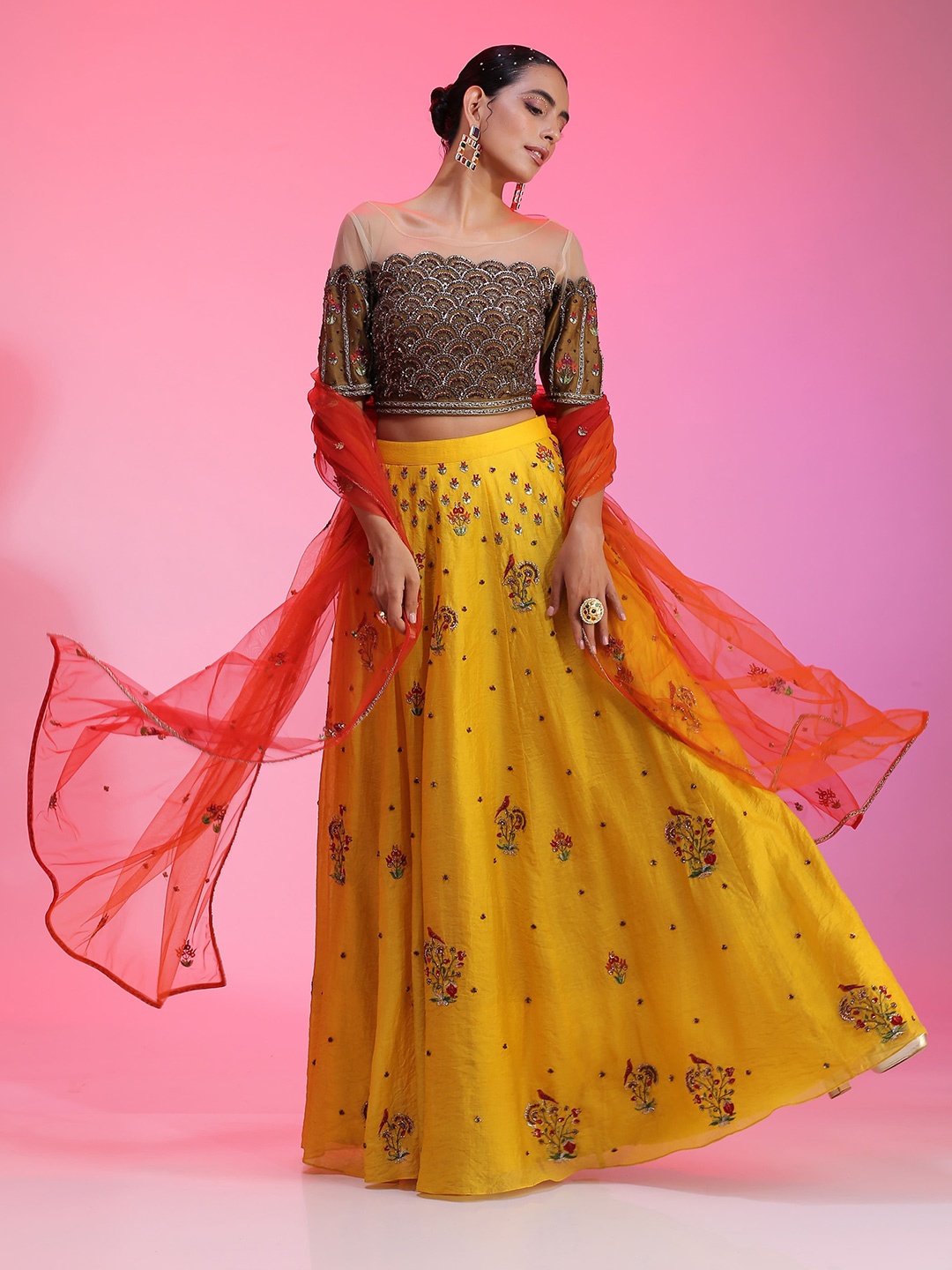 

KUDI PATAKA Embellished Beads and Stones Ready to Wear Lehenga & Blouse With Dupatta, Yellow