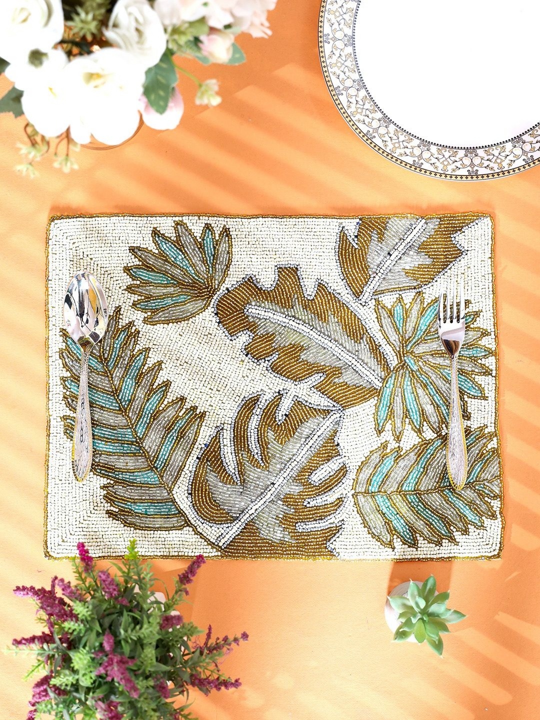 

YWULY Cream & Brown Floral Beaded Table Placemats