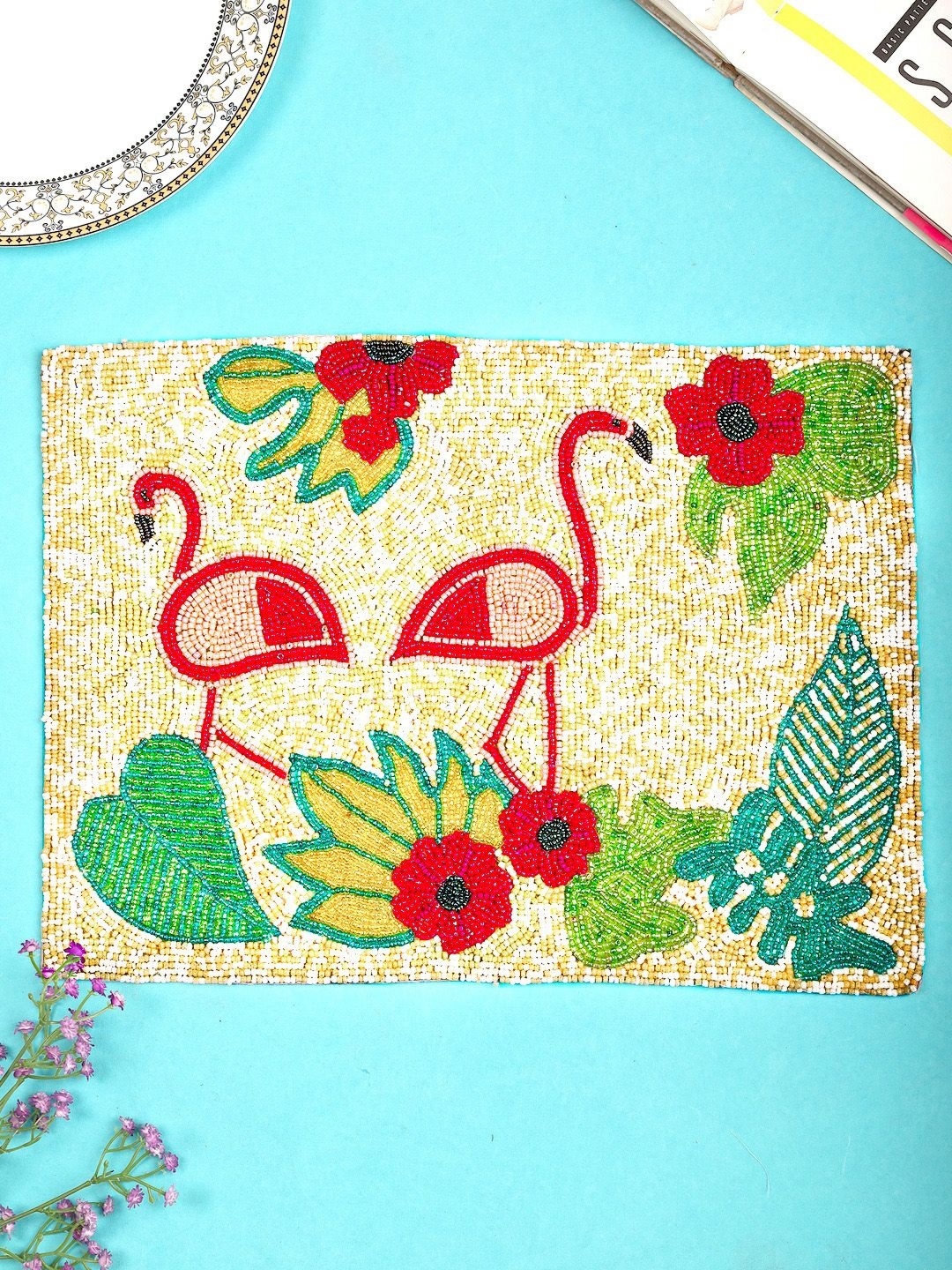 

YWULY White & Red Beaded Rectangular Table Placemats, Pink