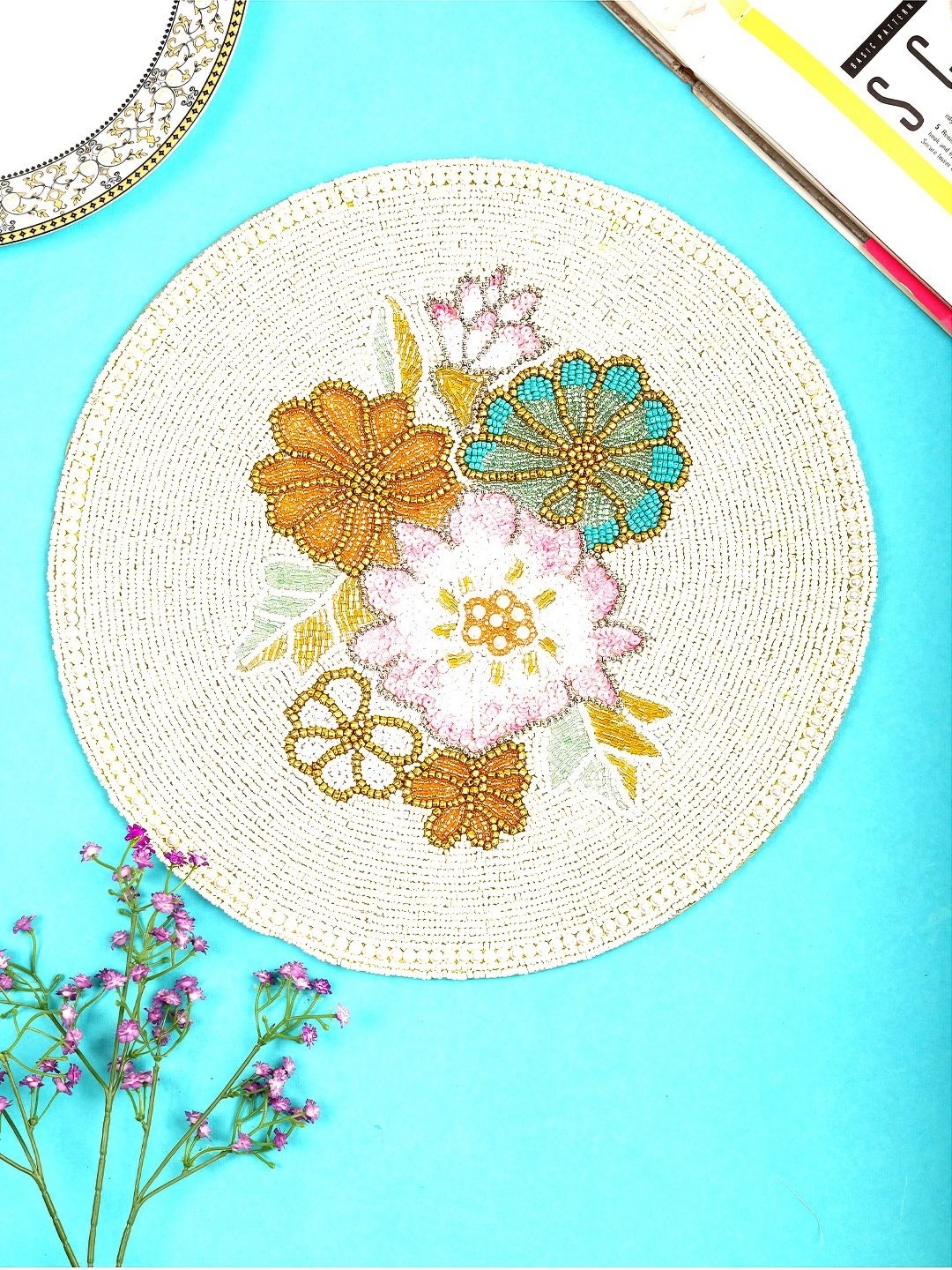 

YWULY White & Green Beaded Floral Table Placemats