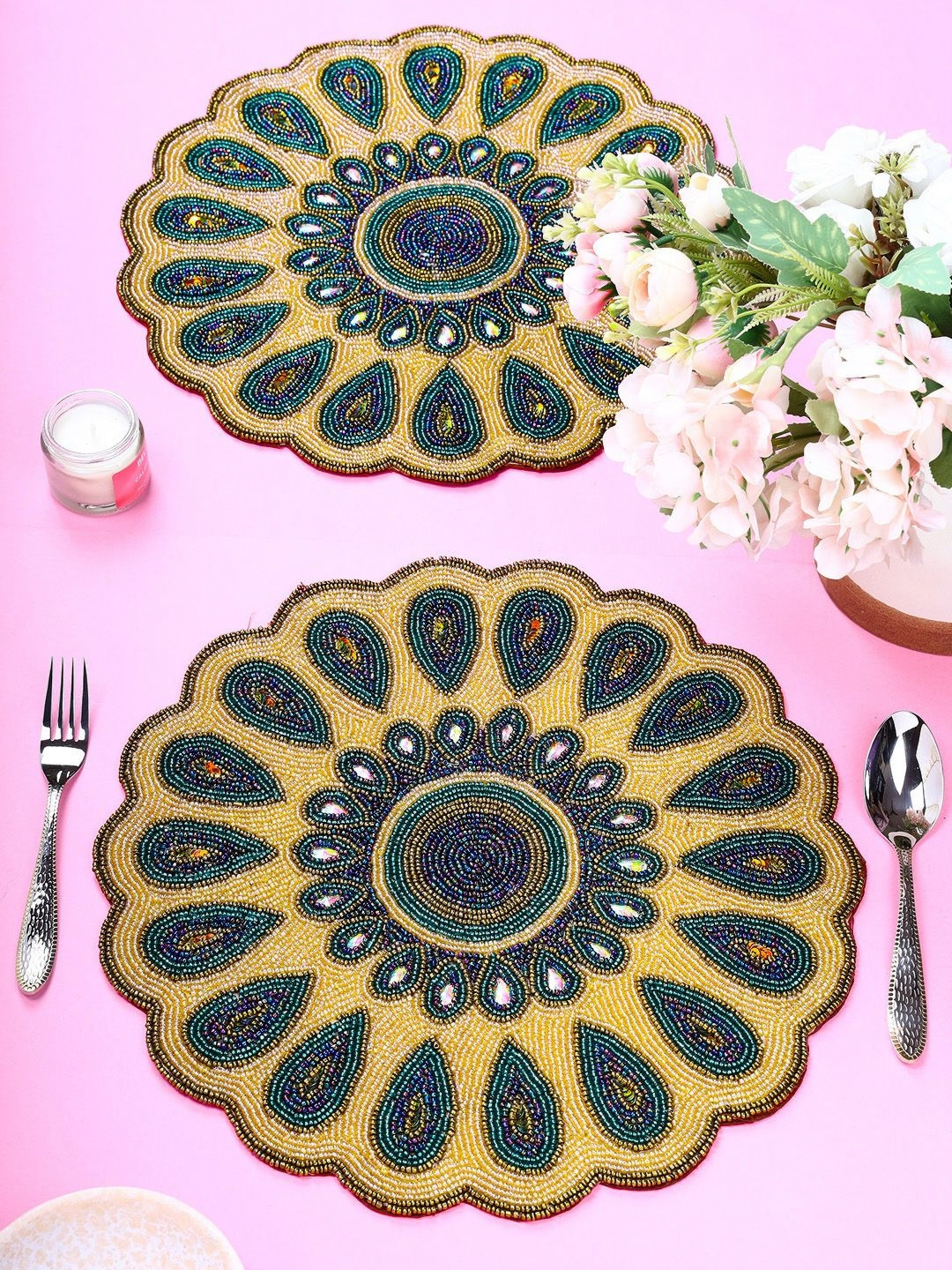 

YWULY Mustard & Green 2 Pieces Floral Beaded Table Placemats