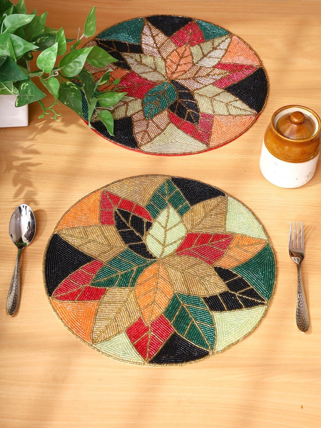 YWULY Black & Pink 2 Pieces Colored Beaded Table Placemats, Beige