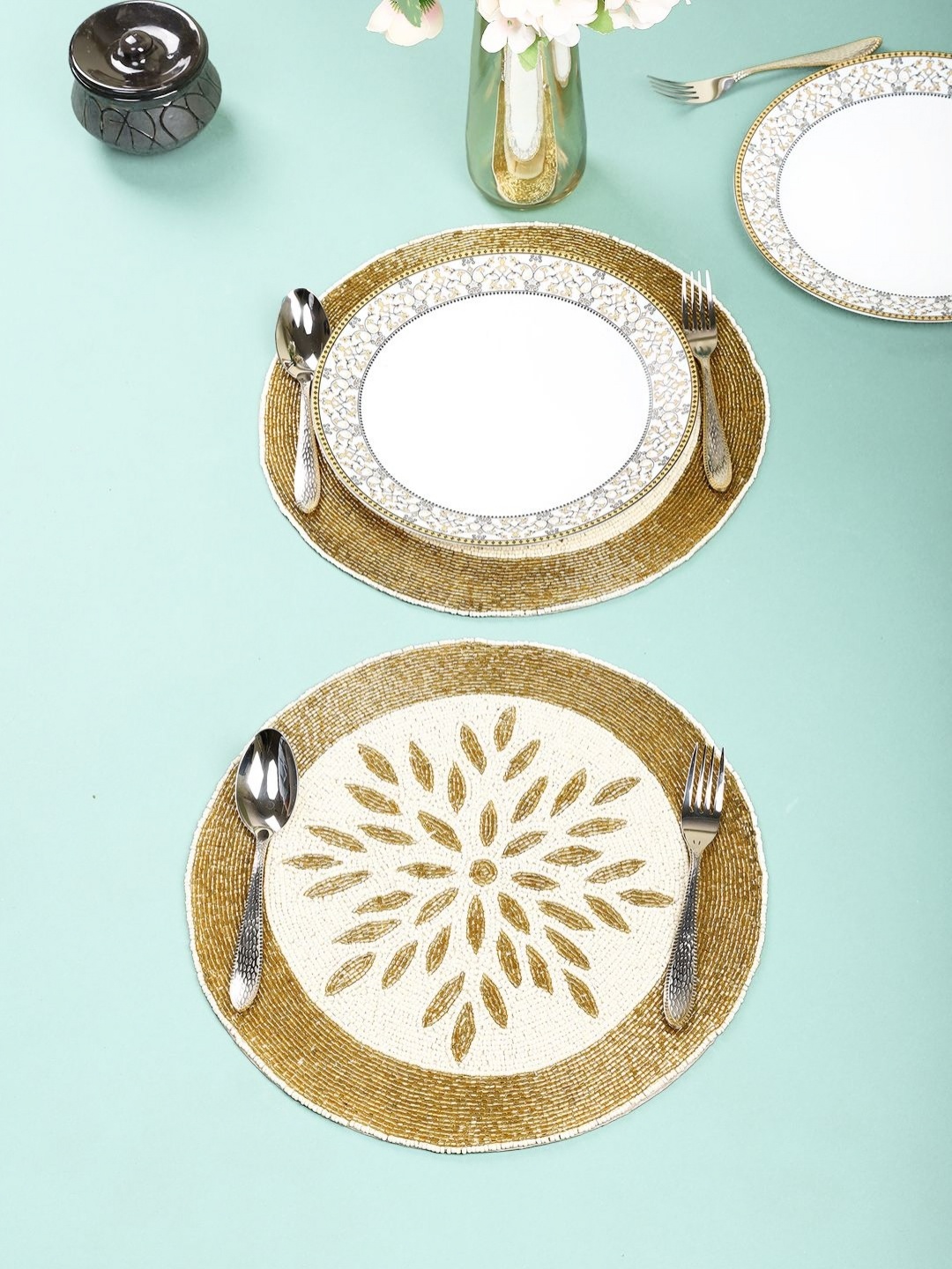 

YWULY Cream & Yellow 2 Pieces Beaded Table Placemats
