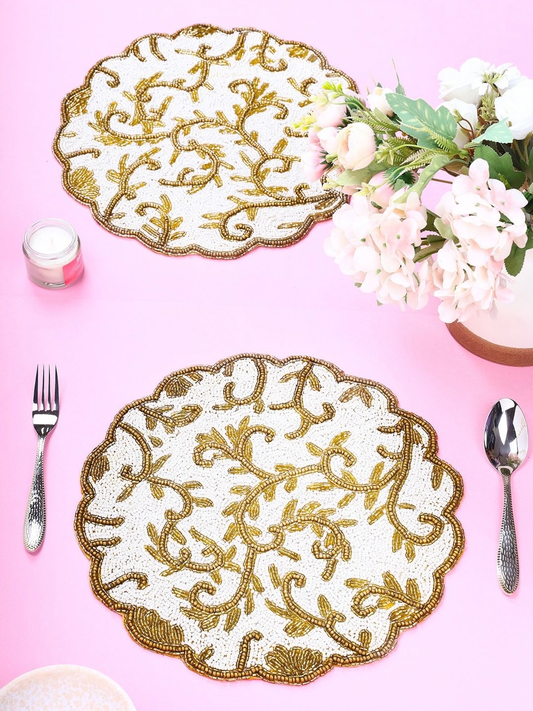 

YWULY White & Beige 2 Pieces Embellished Dining Table Beaded Placemats, Cream