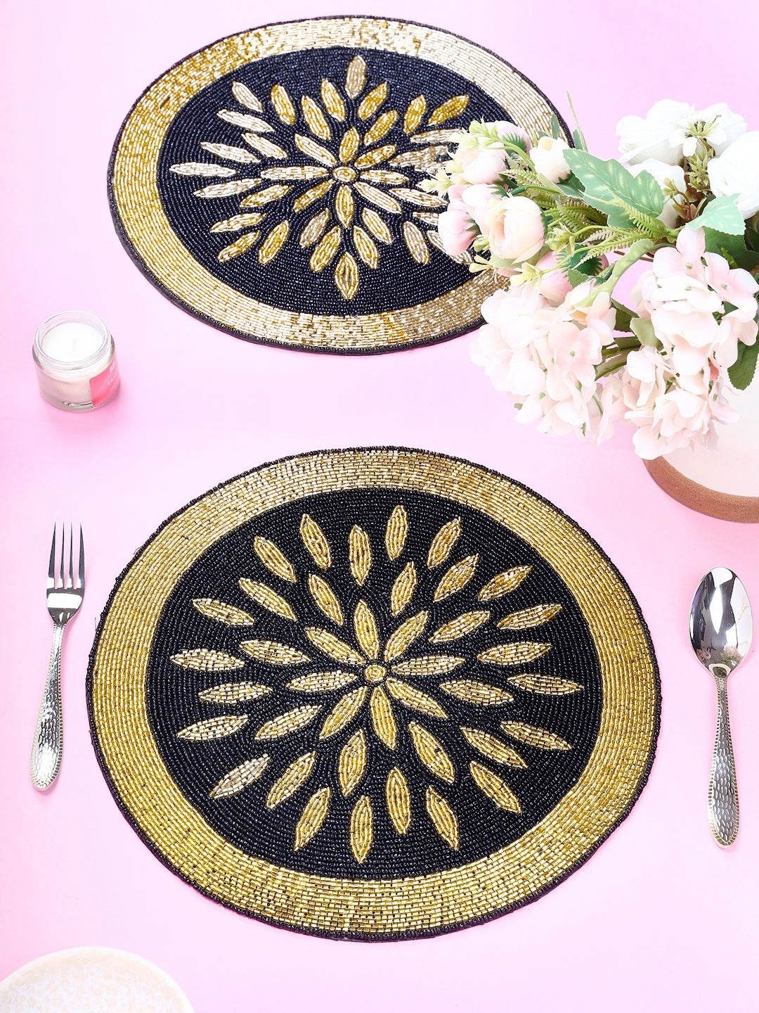 

YWULY Black & Gold Toned 2 Pieces Ethnic Motifs Embellished Beaded Table Placemats