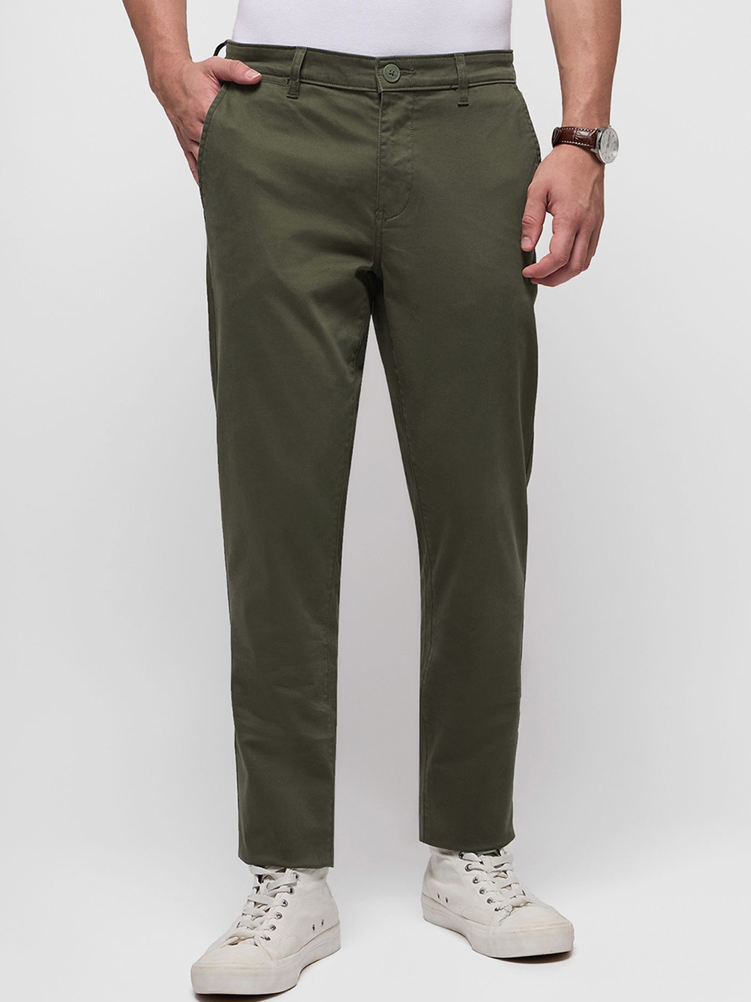 

Red Flame Men Relaxed Slim Fit Easy Wash Chinos Trousers, Olive