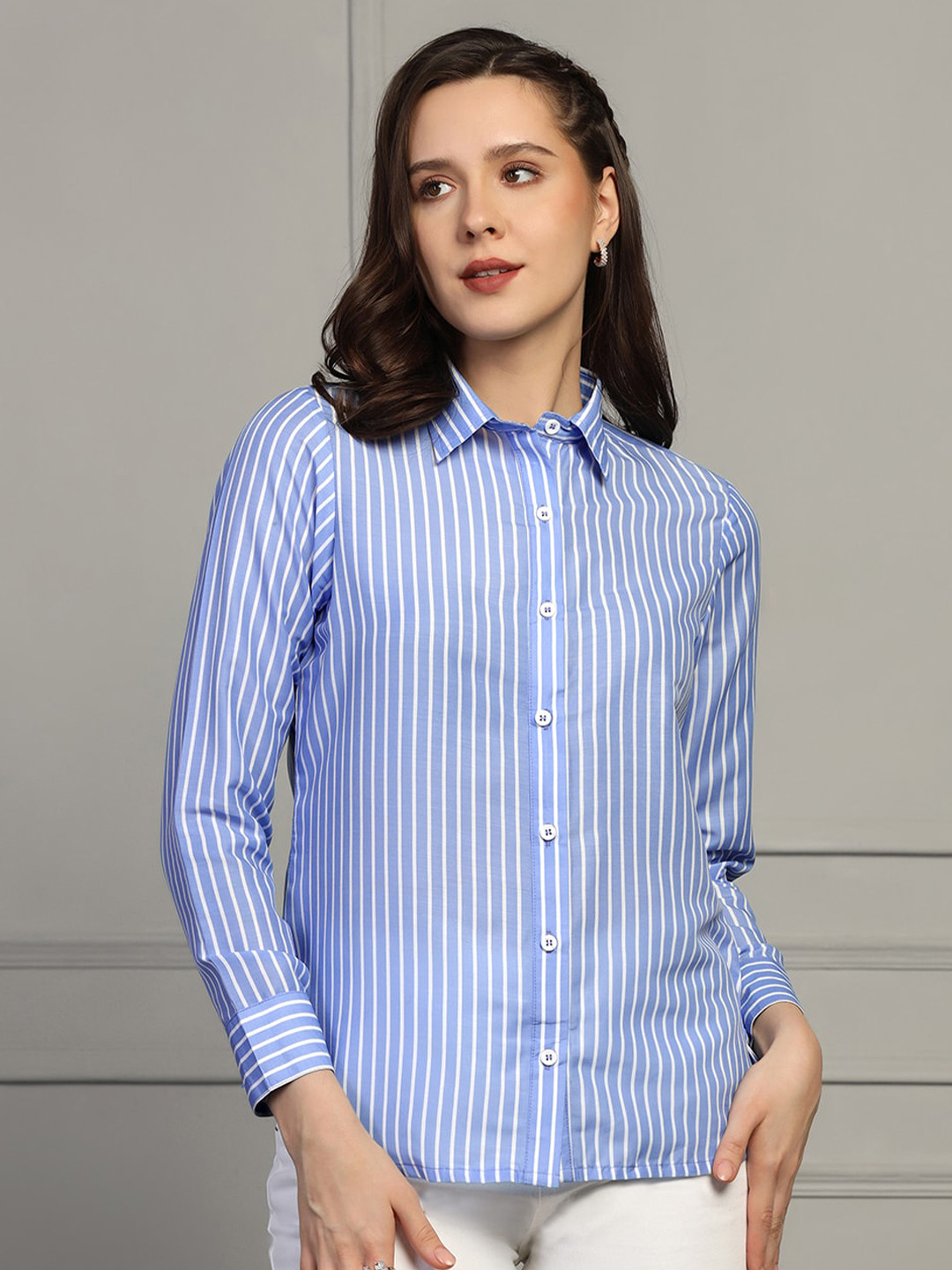 

FASHION DREAM Women Vertical Striped Spread Collar Casual Shirt, Blue