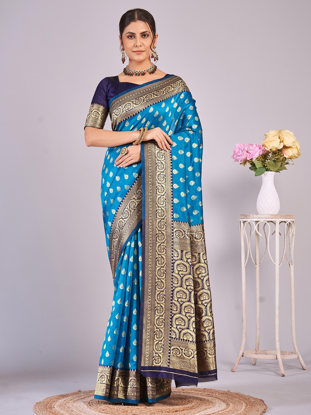 

SHRI MAHAVEER RAJASTHANI SAREE Zari Woven Design Banarasi Saree, Blue