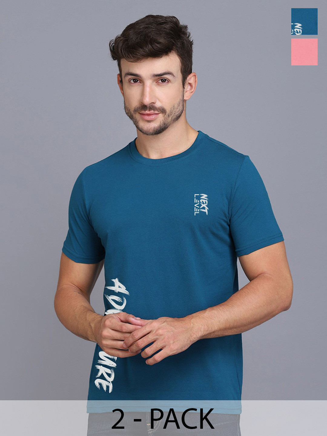 

SLOWLORIS Pack Of 2 Men Typography Printed Round Neck T-shirt, Turquoise blue