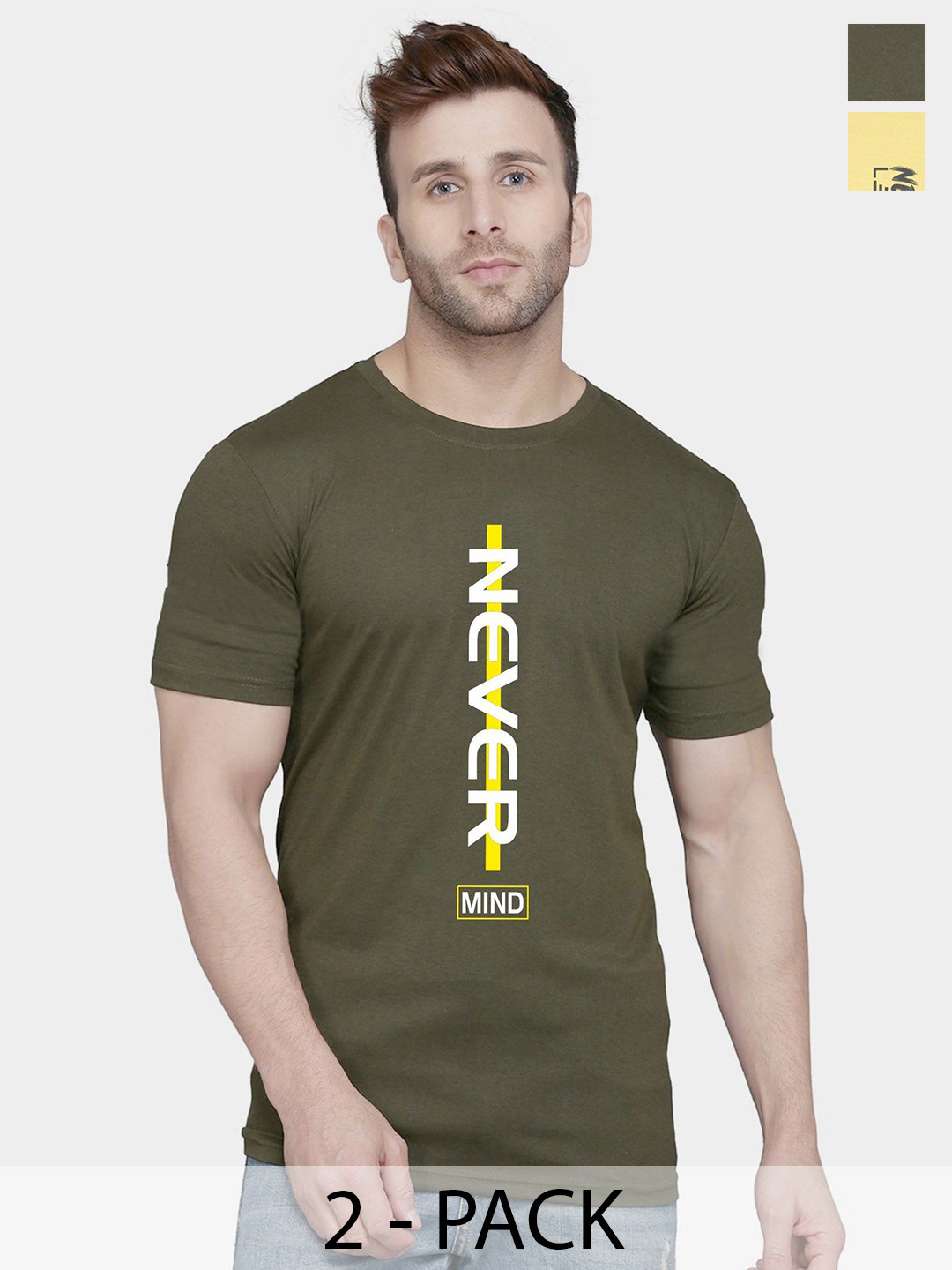 

SLOWLORIS Men Pack Of 2 Printed Round Neck T-shirts, Yellow