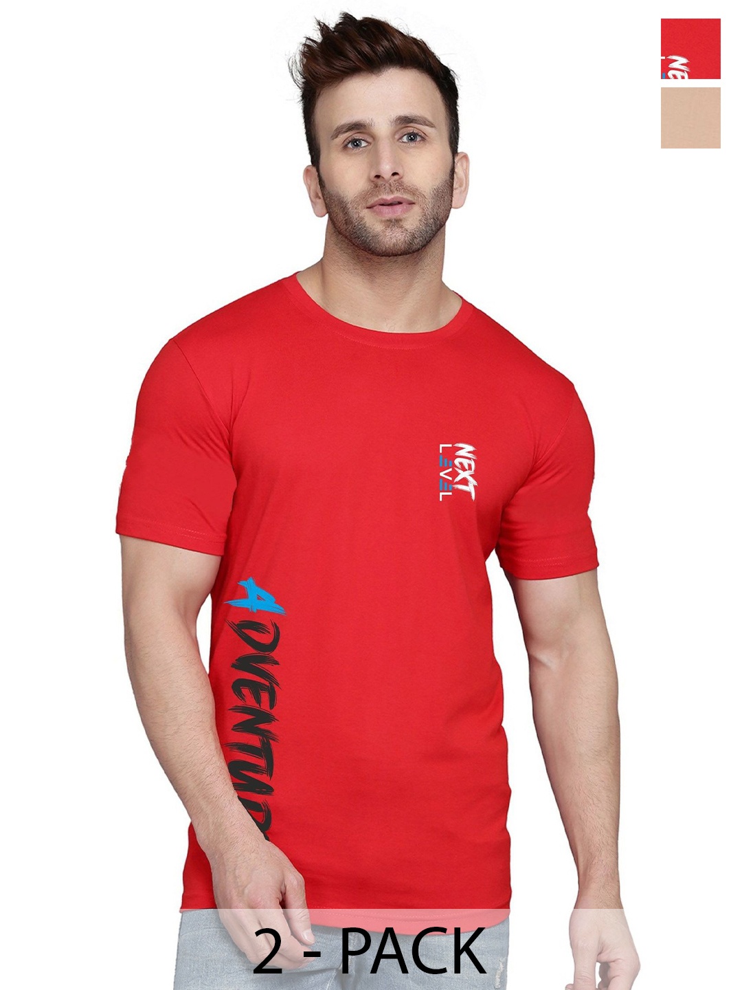 

SLOWLORIS Pack Of 2 Men Typography Printed Round Neck T-shirt, Red
