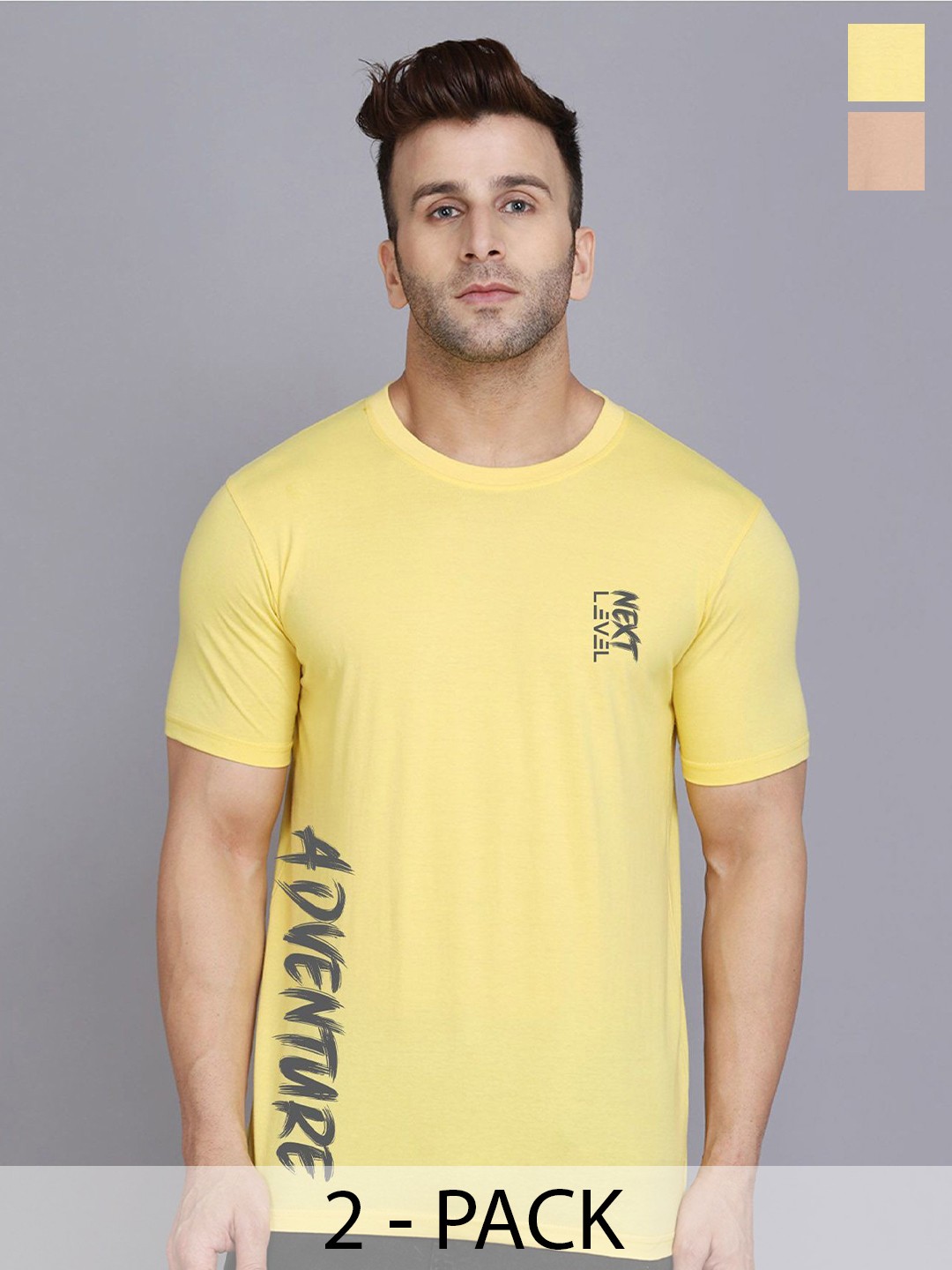 

SLOWLORIS Pack Of 2 Men Typography Printed Round Neck T-shirt, Yellow