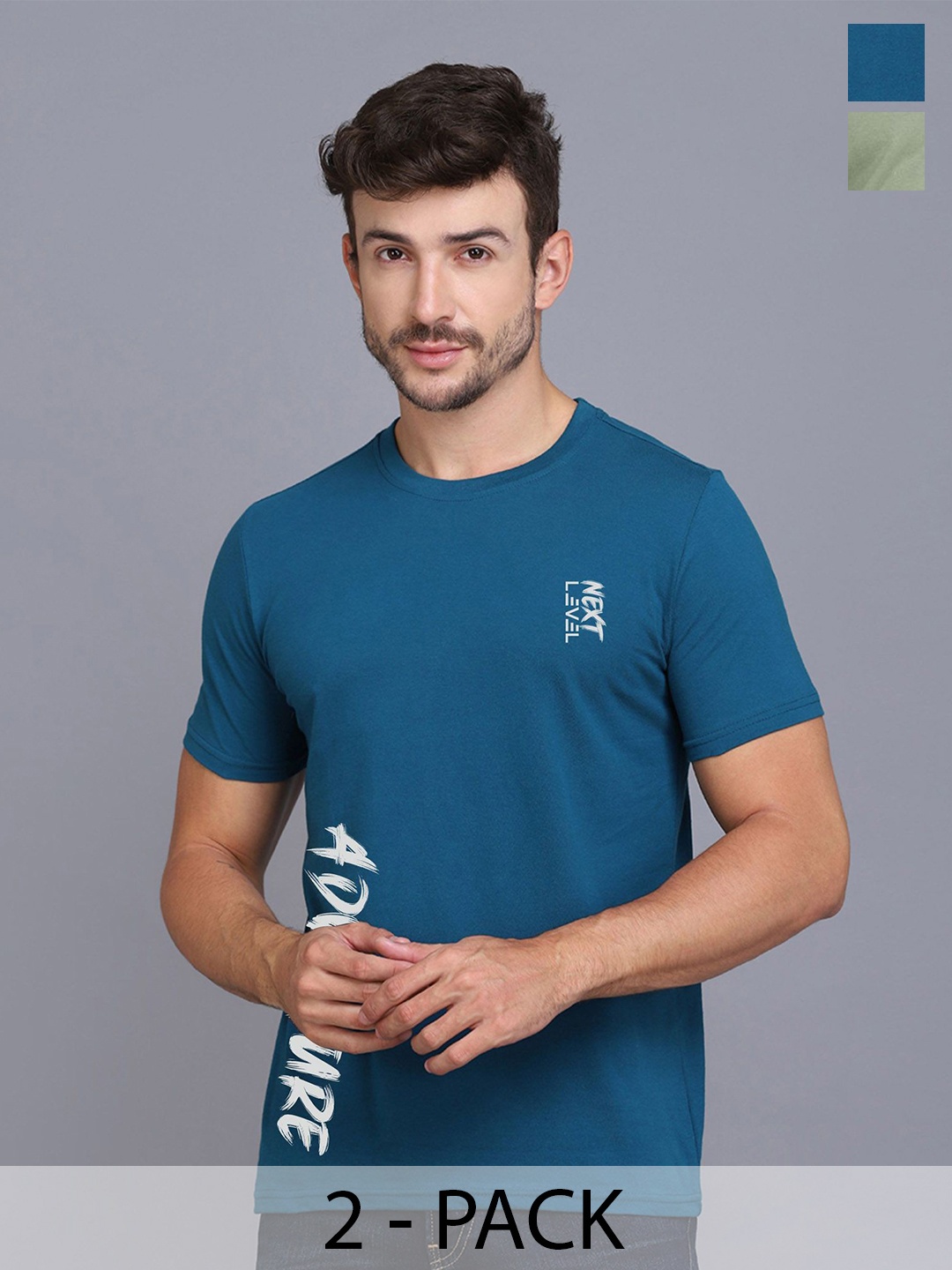

SLOWLORIS Pack Of 2 Men Typography Printed Round Neck T-shirt, Turquoise blue