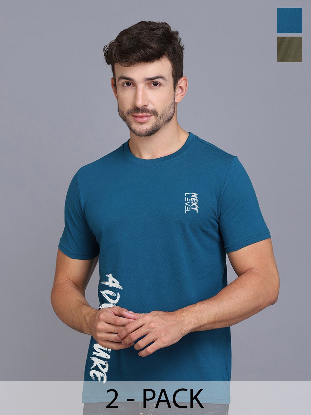 

SLOWLORIS Pack Of 2 Men Typography Printed Round Neck T-shirt, Turquoise blue