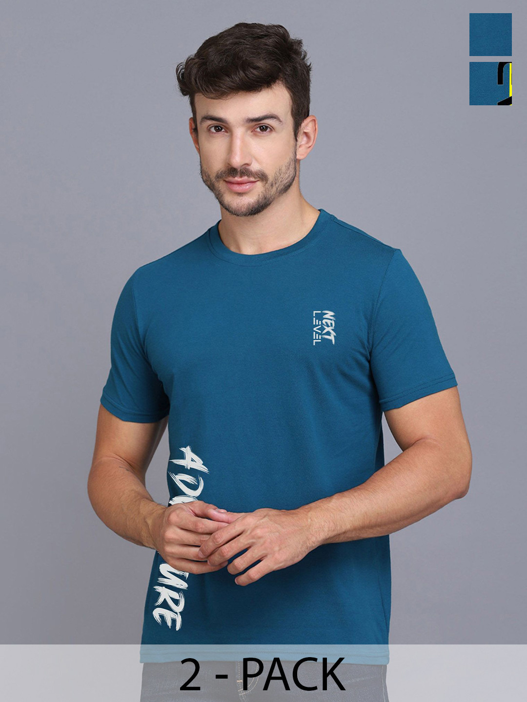 

SLOWLORIS Pack Of 2 Men Typography Printed Round Neck T-shirt, Turquoise blue