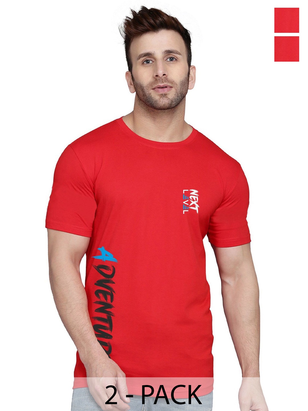 SLOWLORIS Pack Of 2 Men Typography Printed Round Neck T-shirt, Red