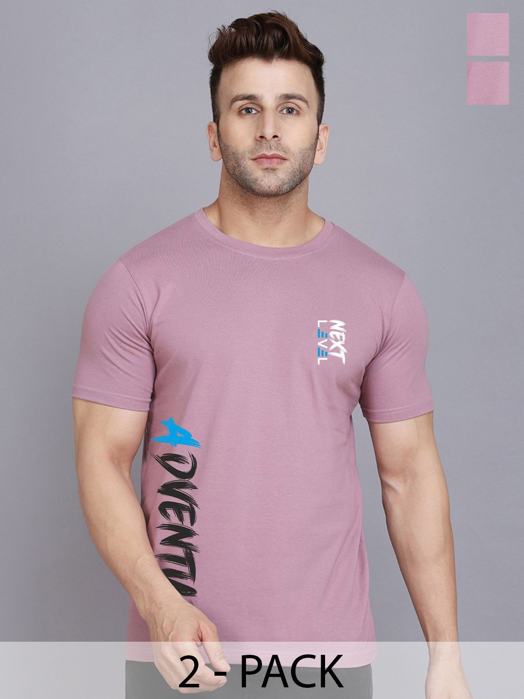 

SLOWLORIS Pack Of 2 Men Typography Printed Round Neck T-shirt, Purple
