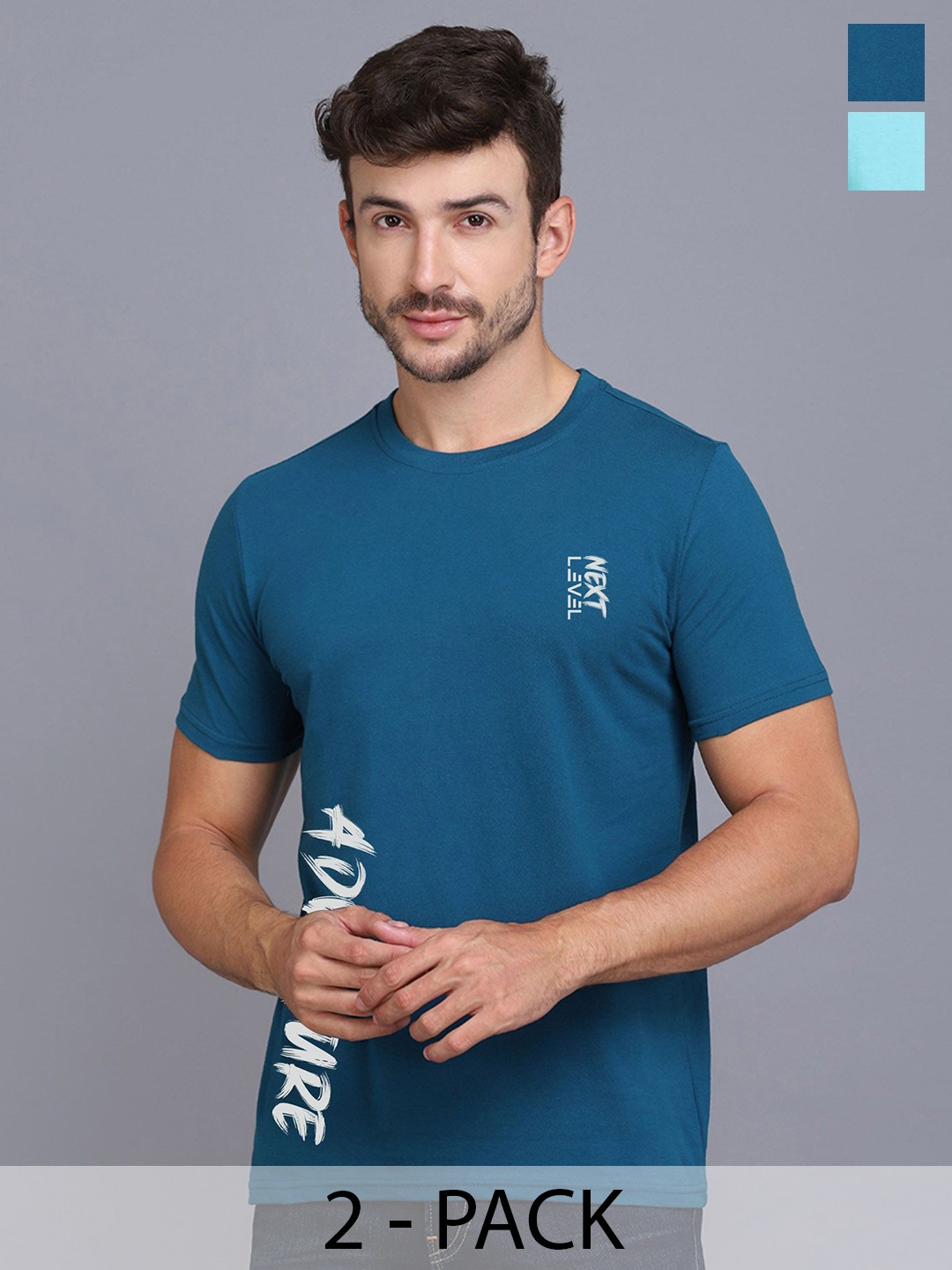 SLOWLORIS Pack Of 2 Men Typography Printed Round Neck T-shirt, Turquoise blue