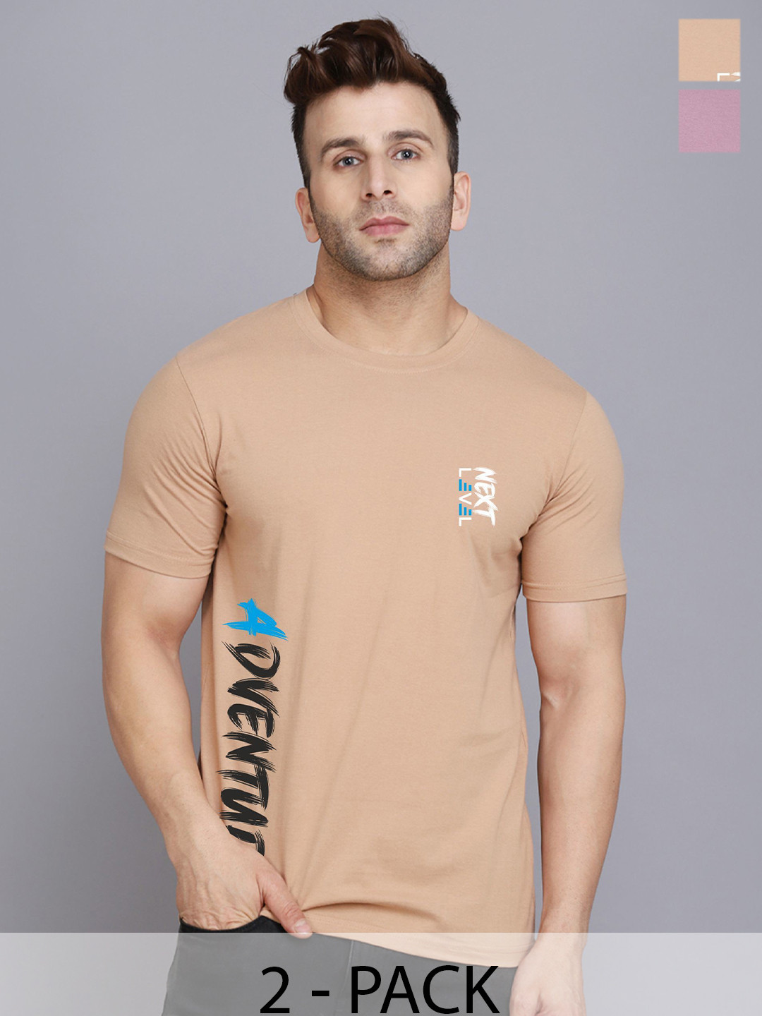 

SLOWLORIS Men Pack Of 2 Typography Printed T-shirts, Beige