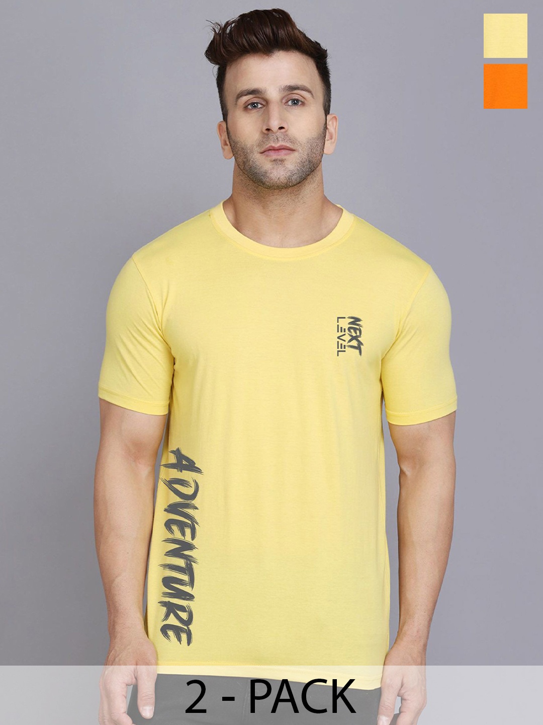 

SLOWLORIS Pack Of 2 Men Typography Printed Round Neck T-shirt, Yellow