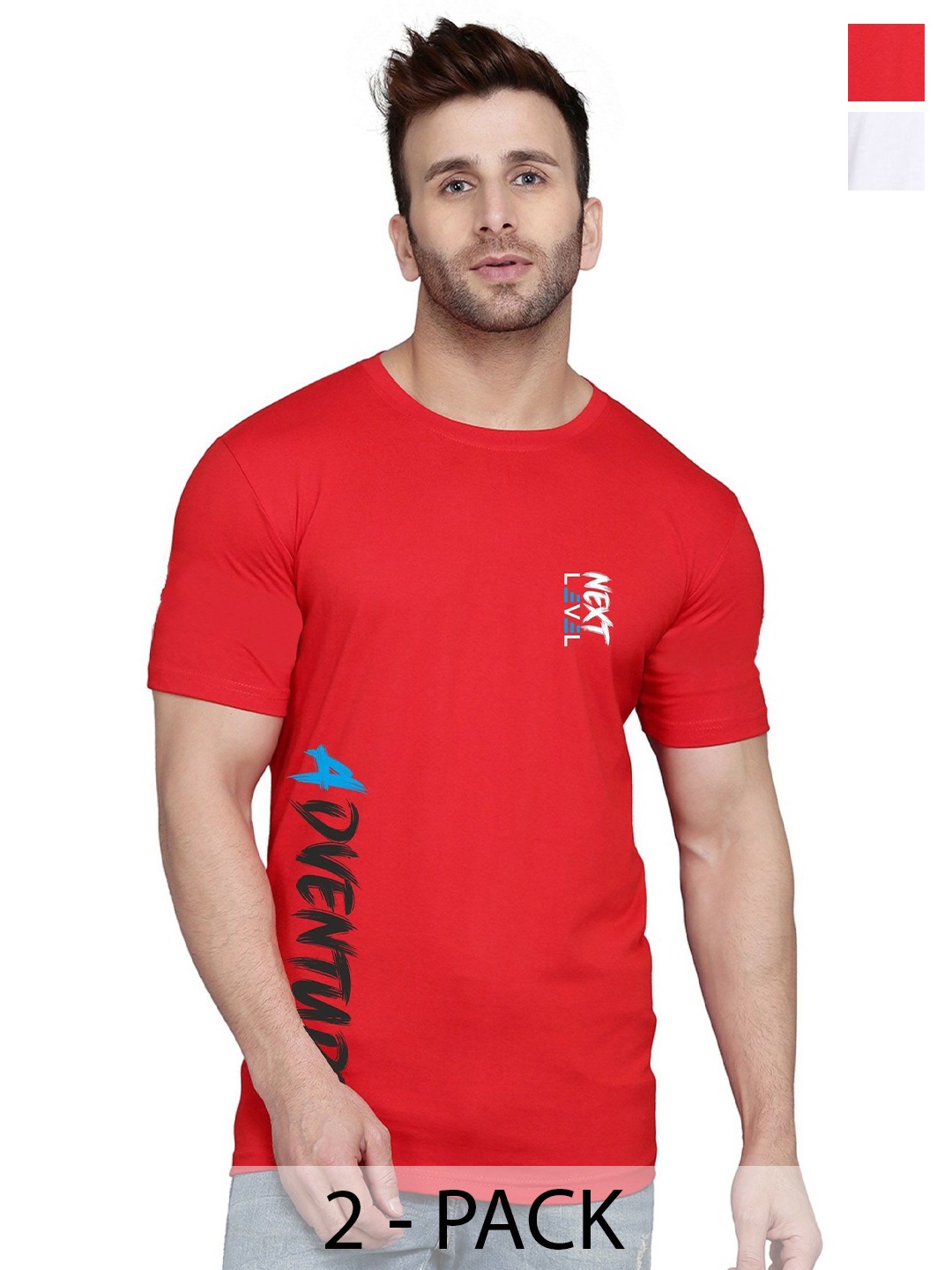 

SLOWLORIS Men Pack Of 2 Printed Round Neck T-shirts, Red