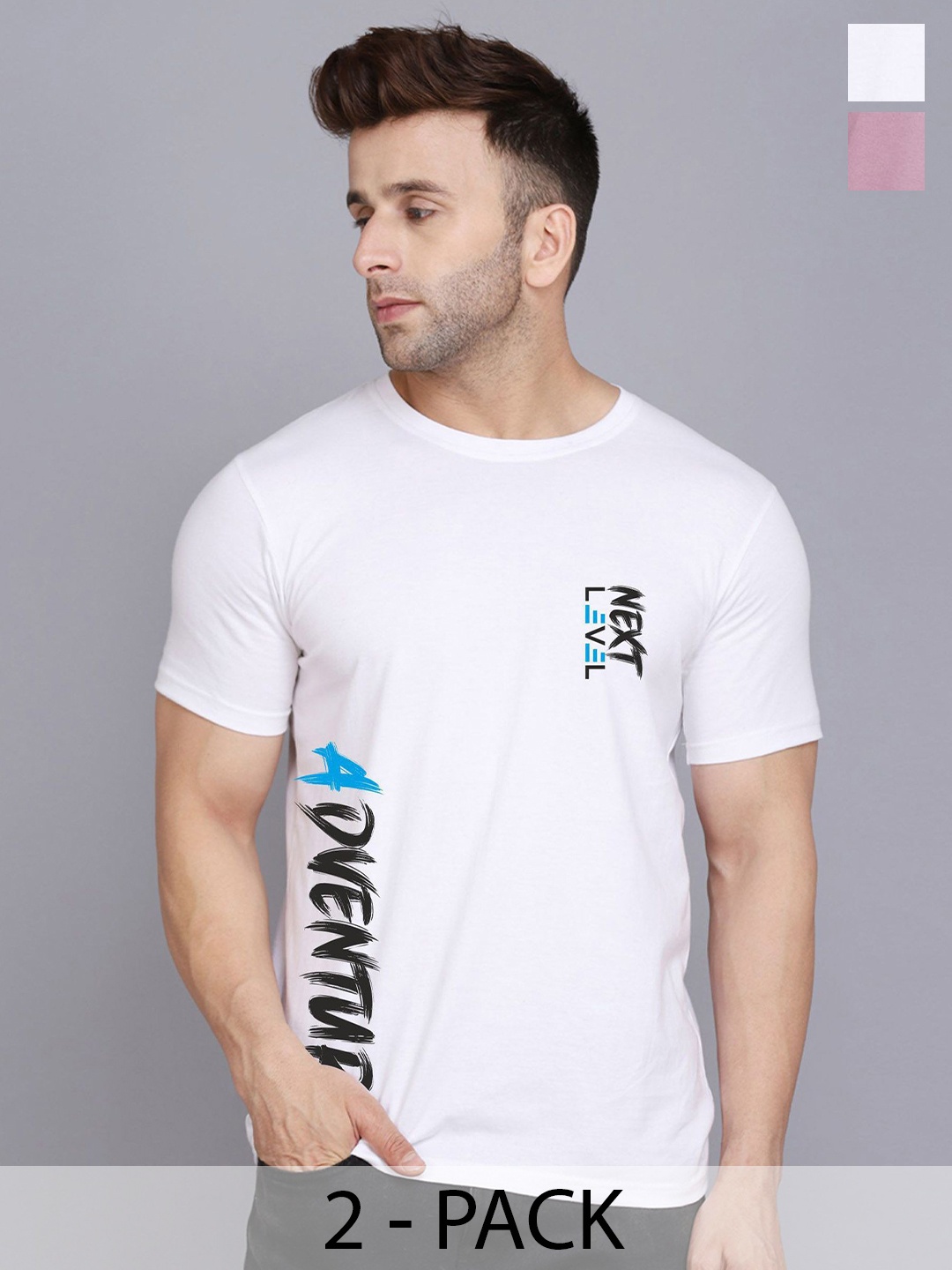 

SLOWLORIS Pack Of 2 Men Typography Printed Round Neck T-shirt, White