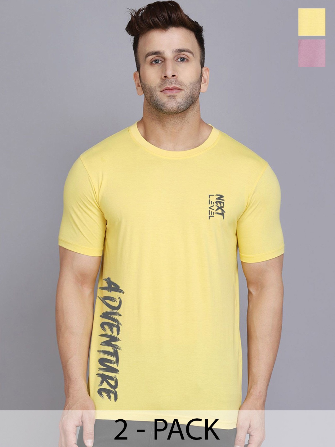 

SLOWLORIS Men 2 Printed Applique T-shirt, Yellow