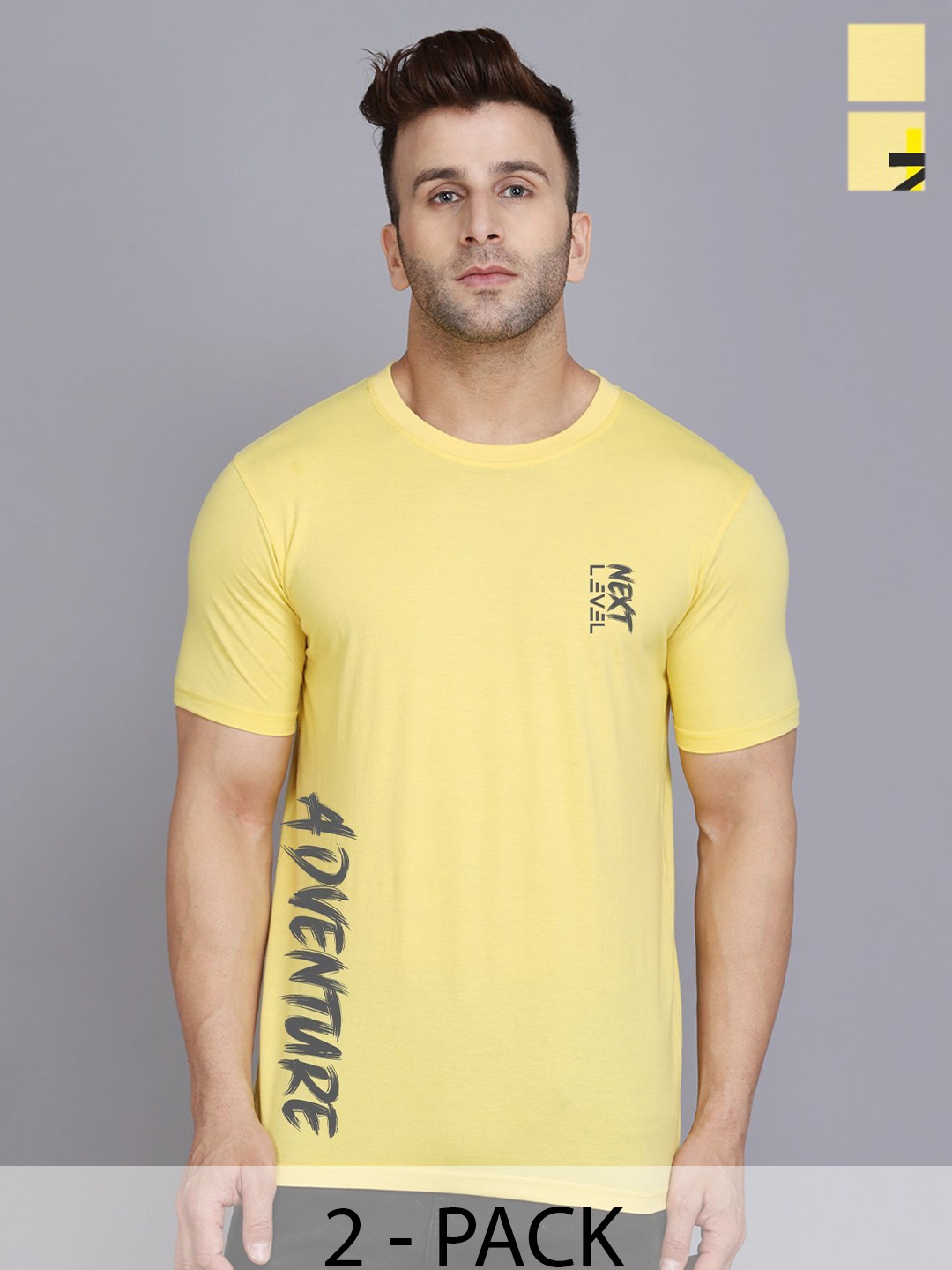 

SLOWLORIS Men Pack Of 2 Typography Printed T-shirts, Yellow