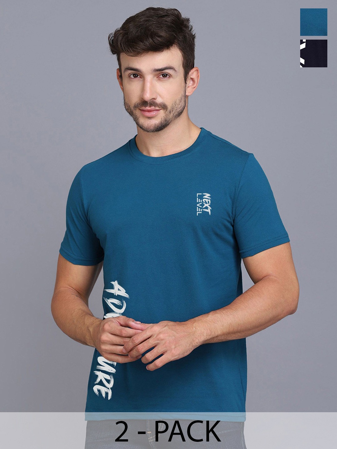 

SLOWLORIS Men Typography 2 Applique T-shirt, Turquoise blue