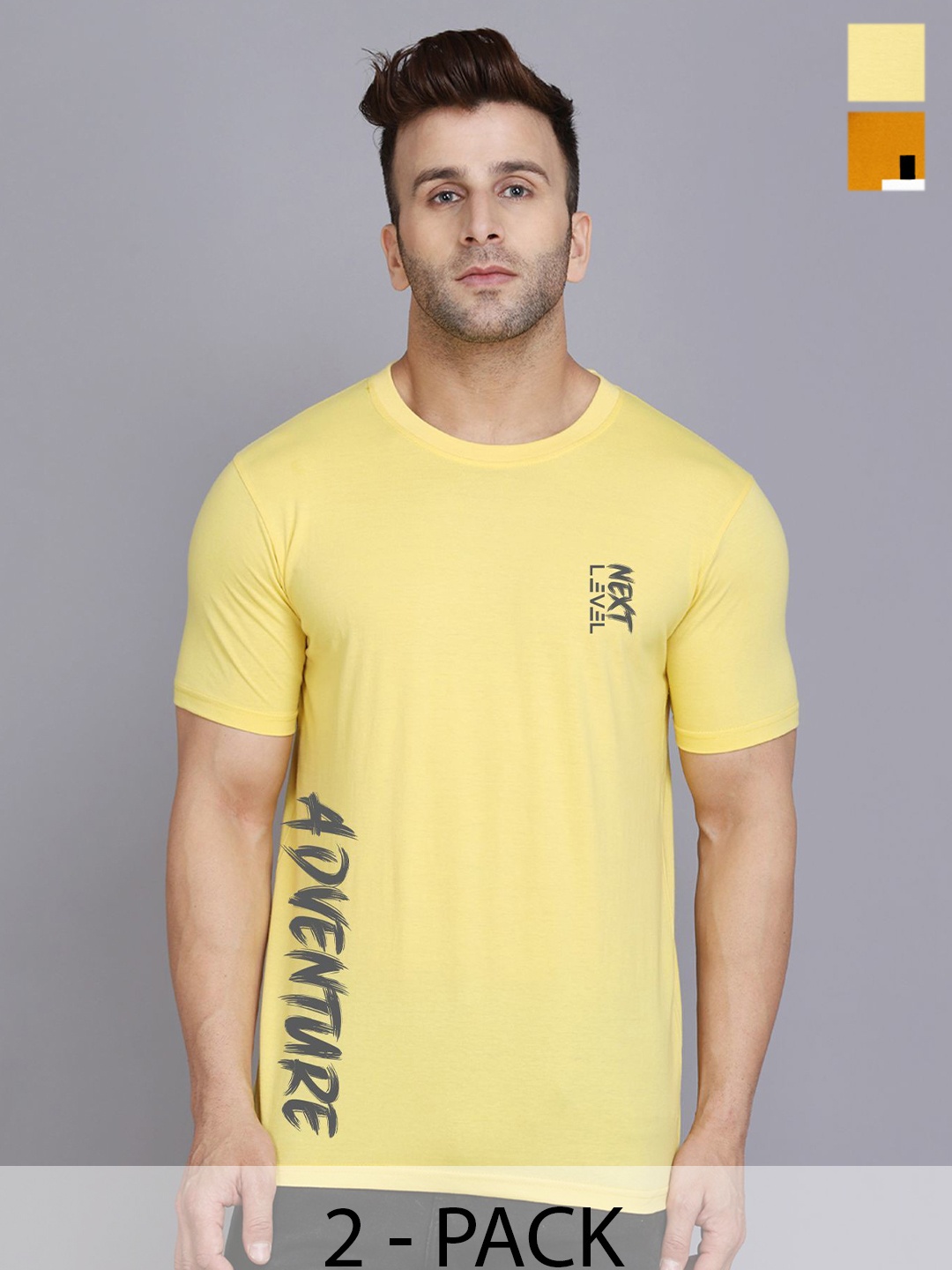 

SLOWLORIS Men Pack Of 2 Typography Printed T-shirts, Yellow