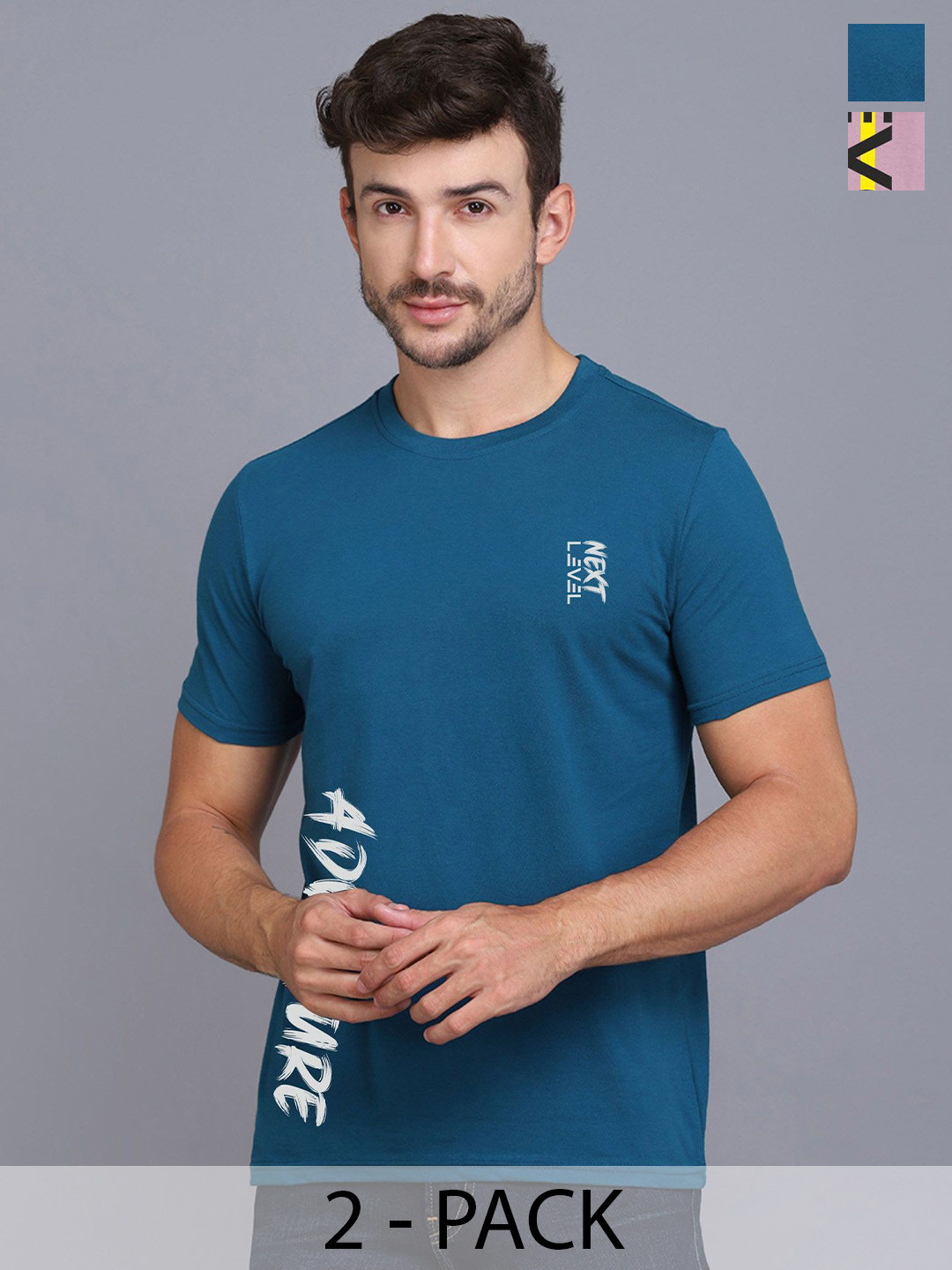 

SLOWLORIS Pack Of 2 Men Typography Printed Round Neck T-shirt, Turquoise blue