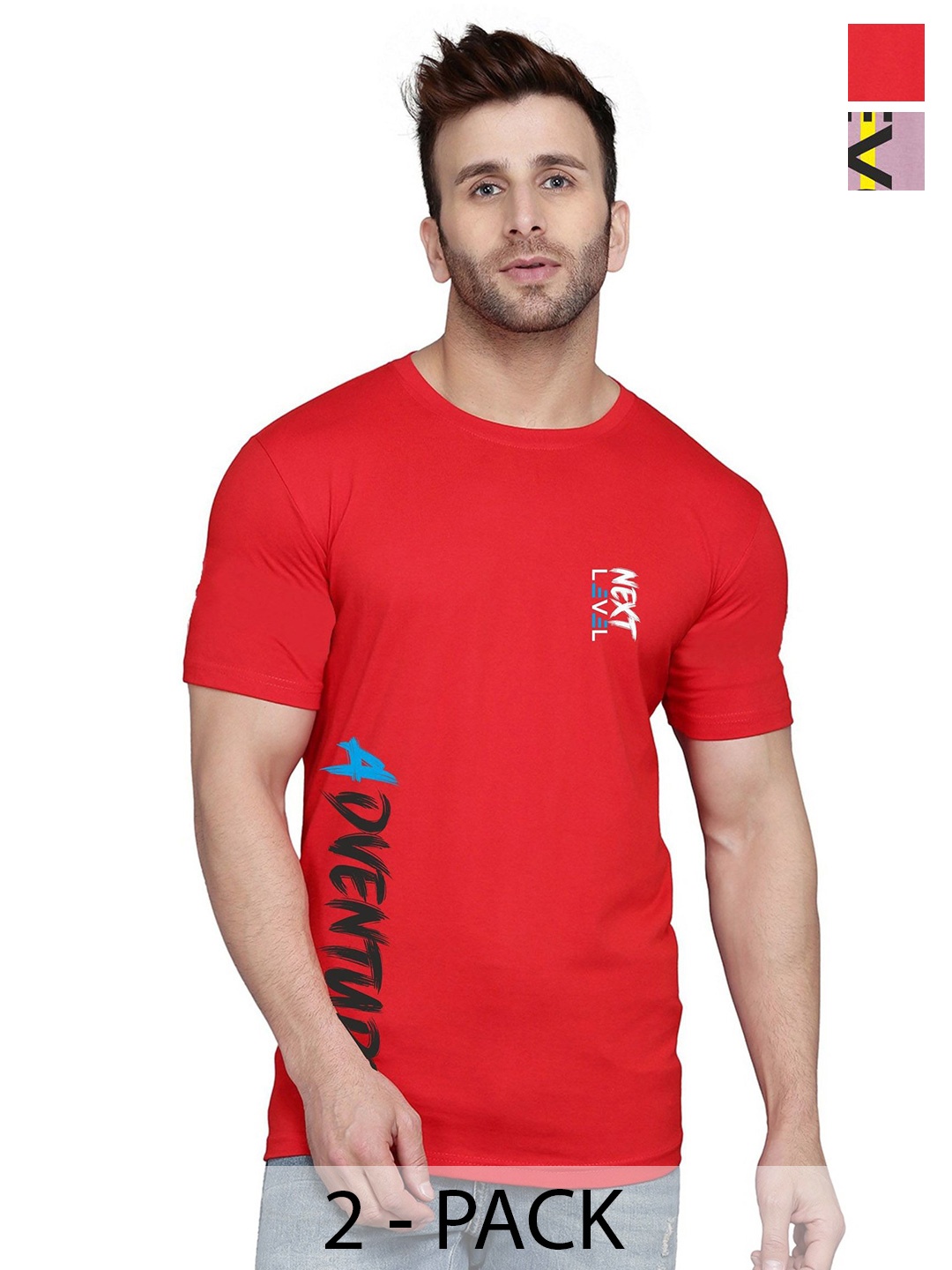 SLOWLORIS Pack Of 2 Men Typography Printed Round Neck T-shirt, Red