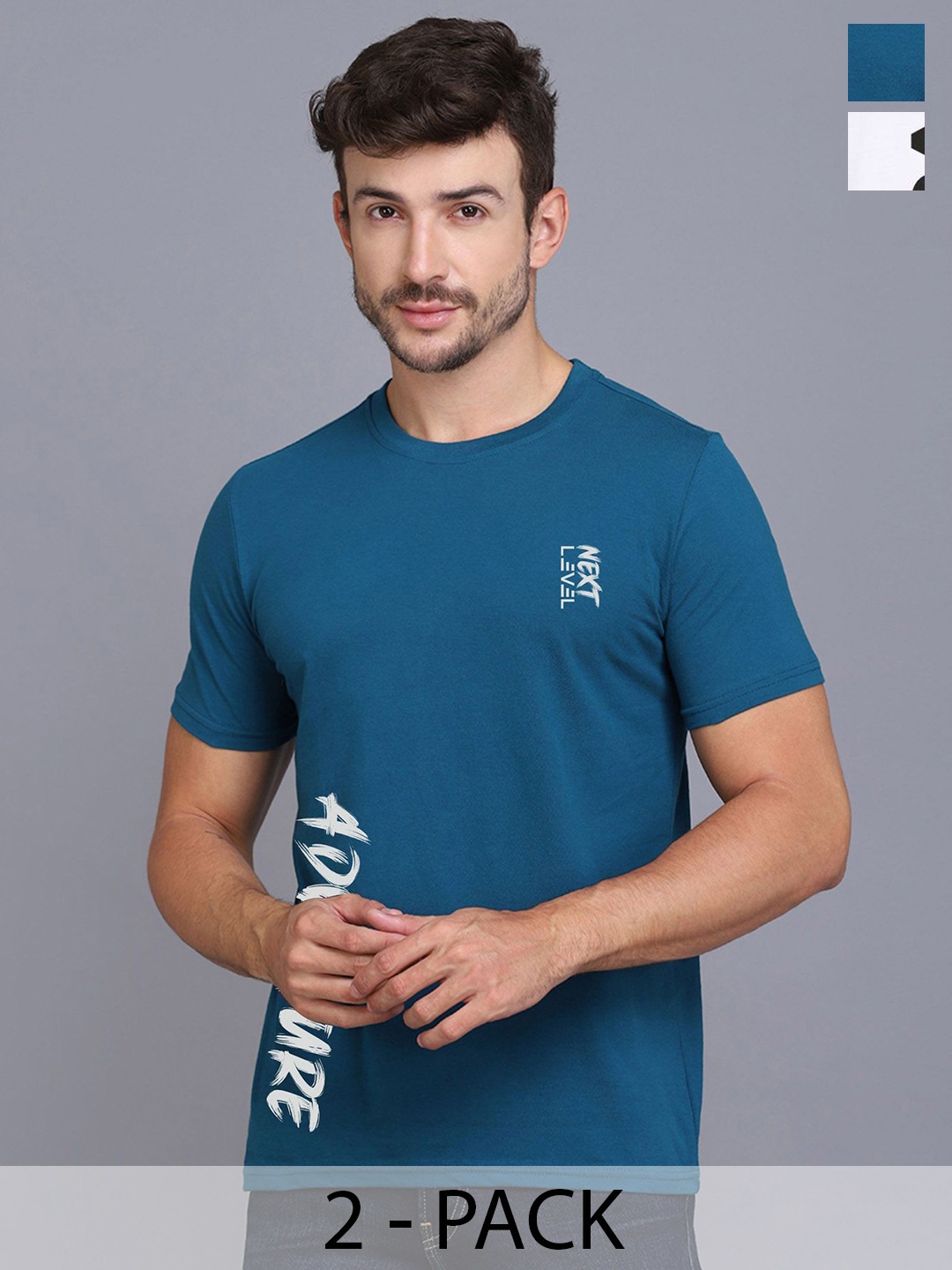 

SLOWLORIS Men Pack Of 2 Printed Round Neck T-shirts, Blue