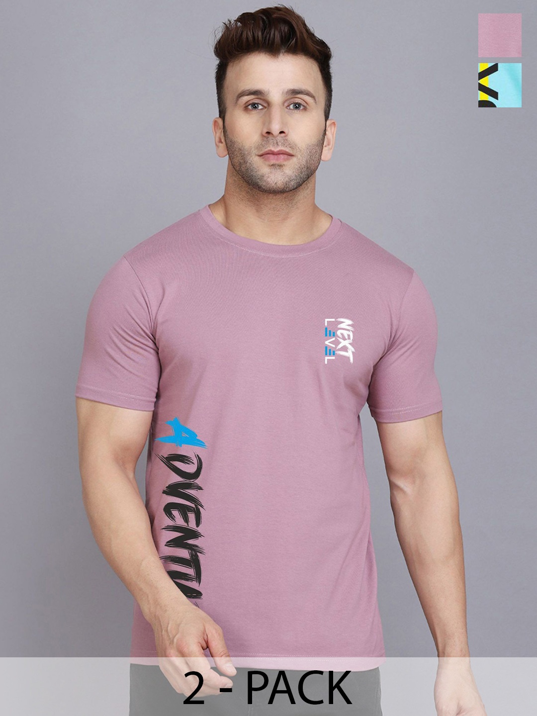 

SLOWLORIS Pack Of 2 Men Typography Printed Round Neck T-shirt, Purple