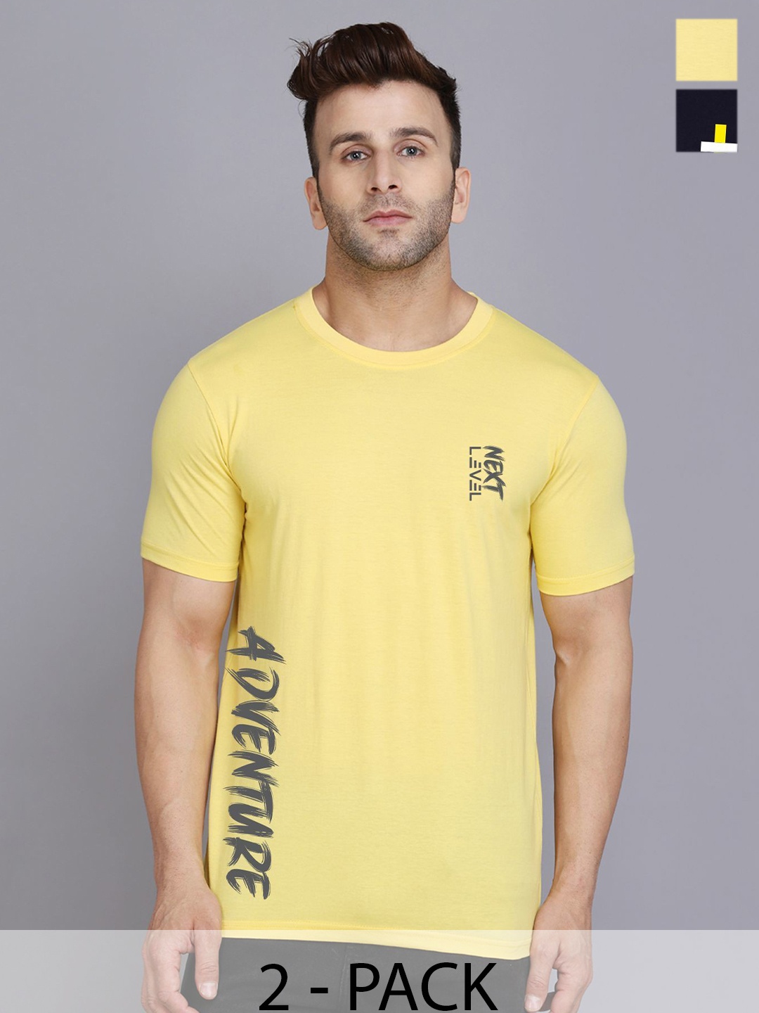 

SLOWLORIS Men Pack Of 2 Typography Printed T-shirts, Yellow