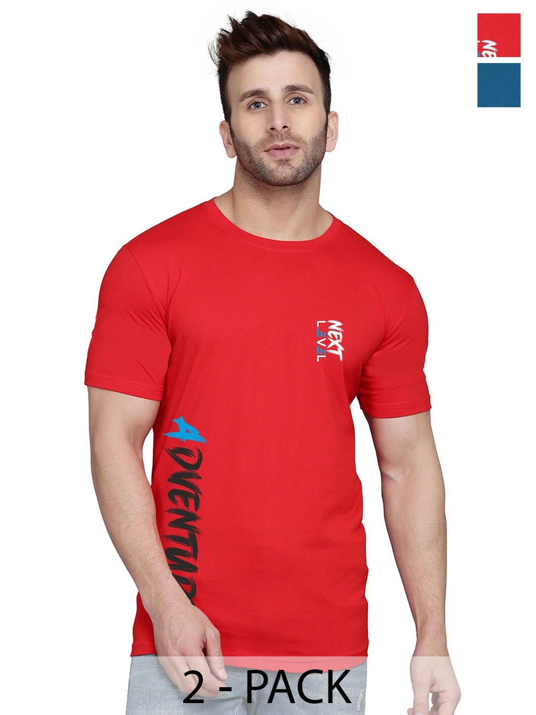 

SLOWLORIS Pack Of 2 Men Typography Printed Round Neck T-shirt, Red