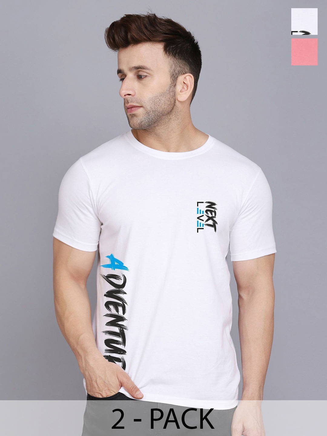 

SLOWLORIS Pack Of 2 Men Typography Printed Round Neck T-shirt, White