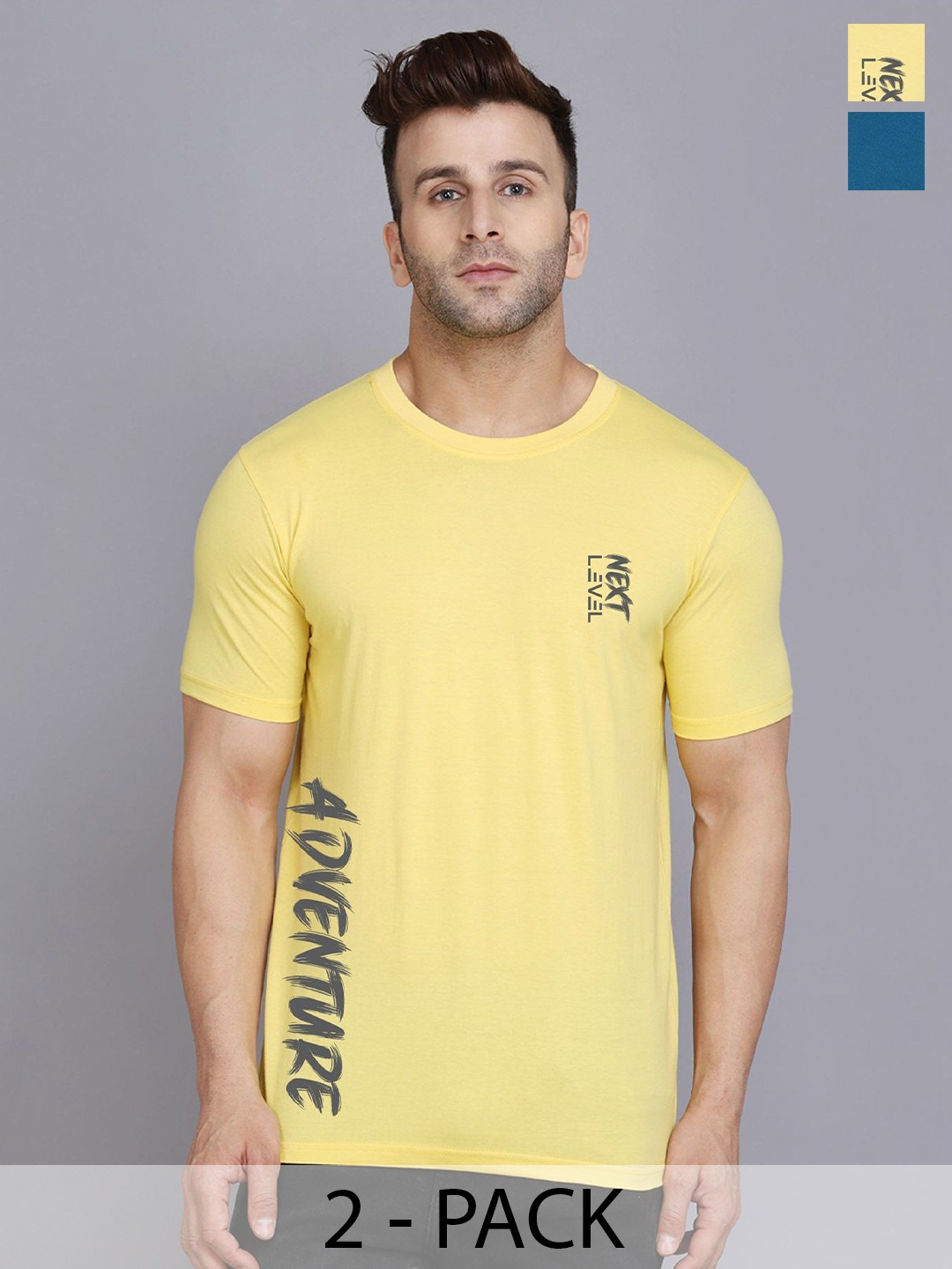 

SLOWLORIS Pack Of 2 Men Typography Printed Round Neck T-shirt, Yellow