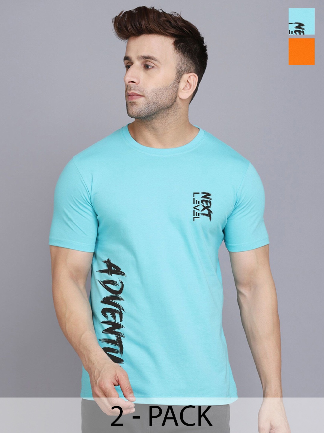 

SLOWLORIS Pack Of 2 Men Typography Printed Round Neck T-shirt, Sea green