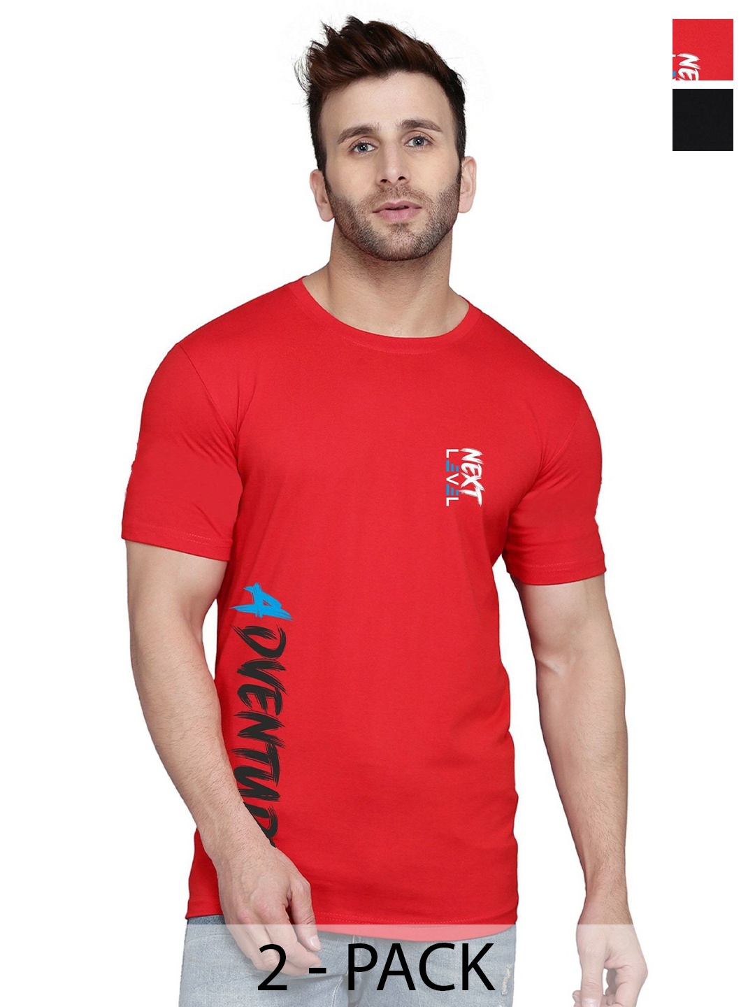 

SLOWLORIS Men Pack Of 2 Printed Round Neck T-shirts, Red