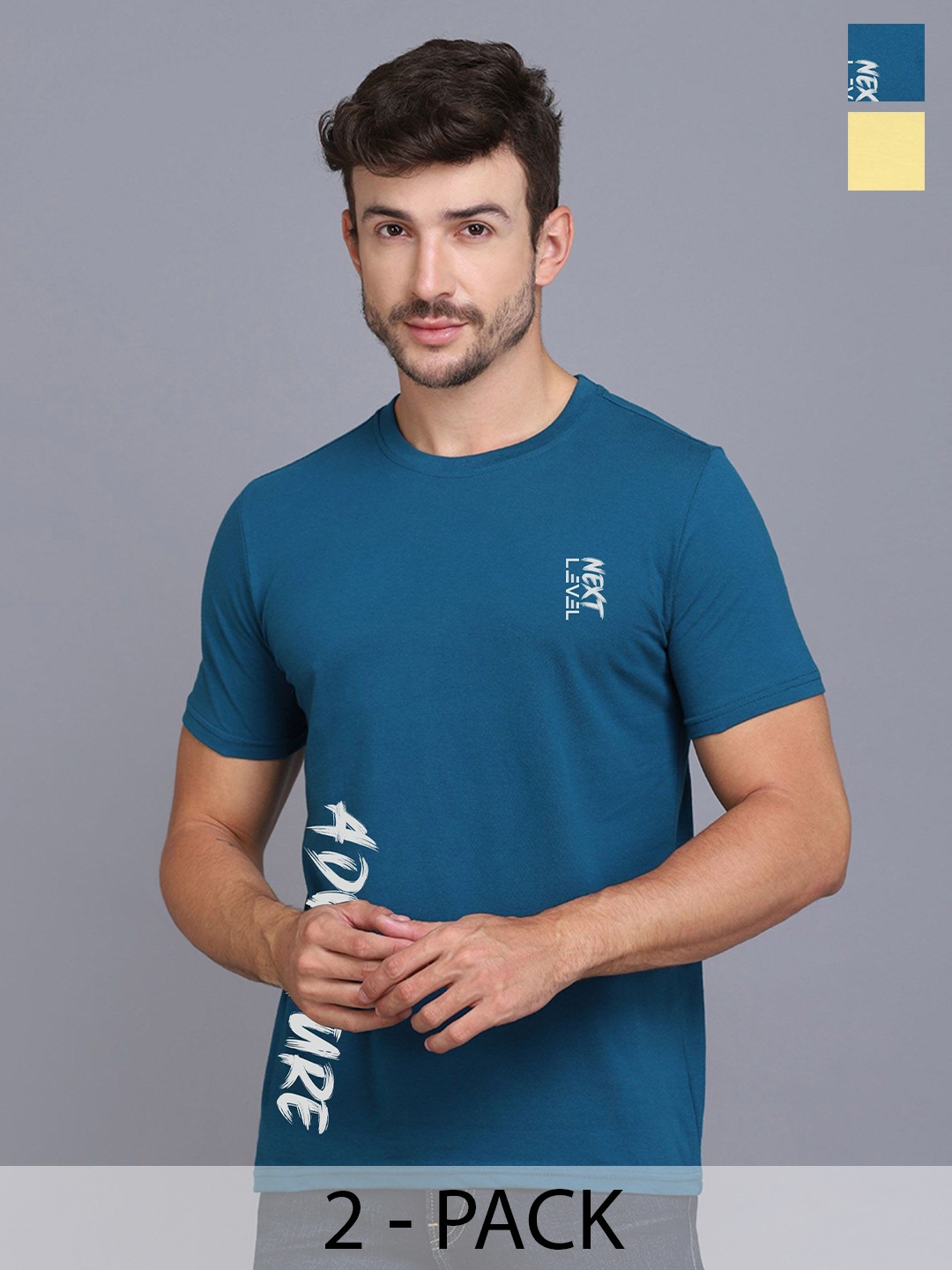 SLOWLORIS Men Typography 2 Applique T-shirt, Turquoise blue