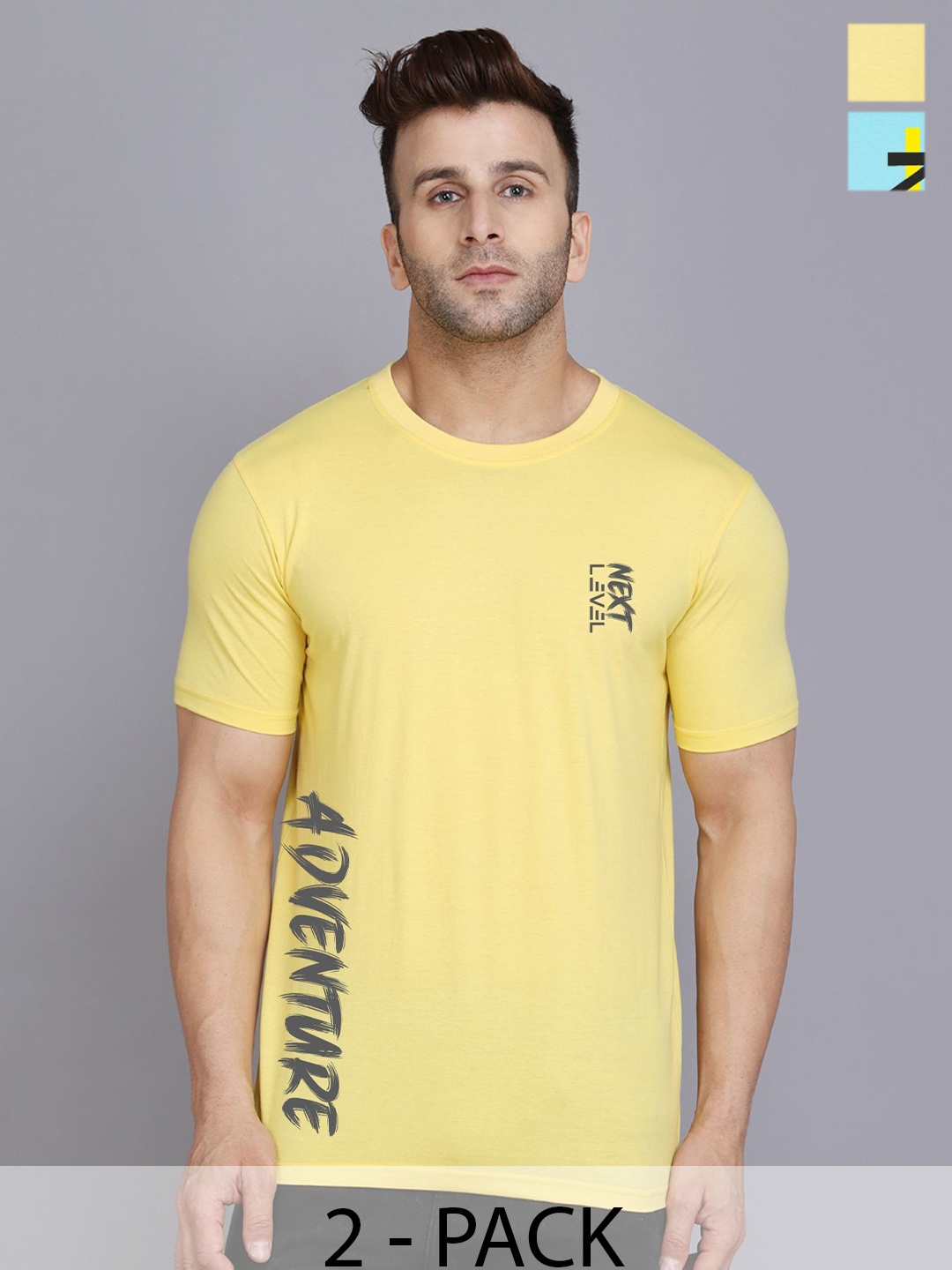 SLOWLORIS Men Pack Of 2 Typography Printed T-shirts, Yellow