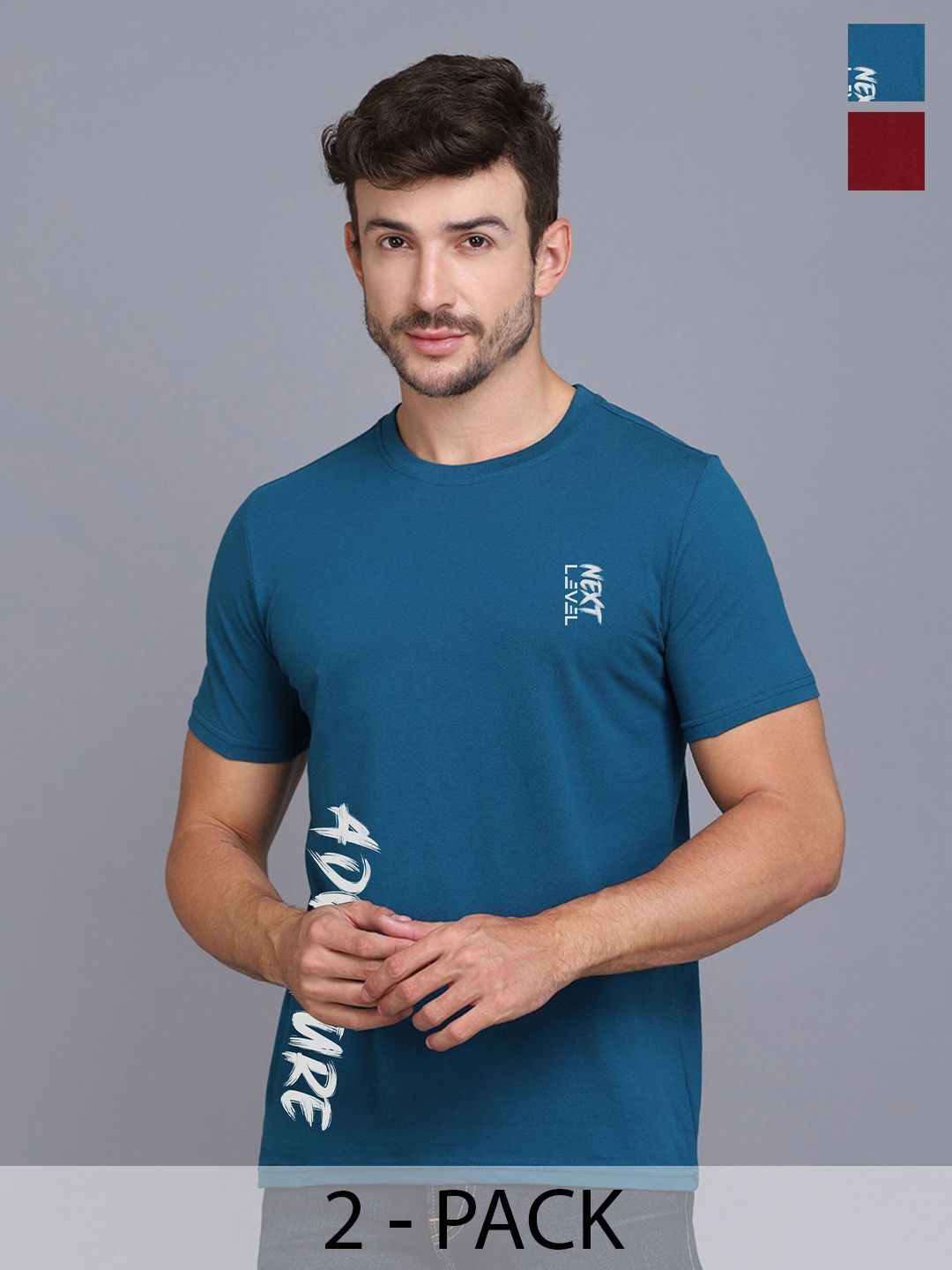 SLOWLORIS Pack Of 2 Men Typography Printed Round Neck T-shirt, Turquoise blue