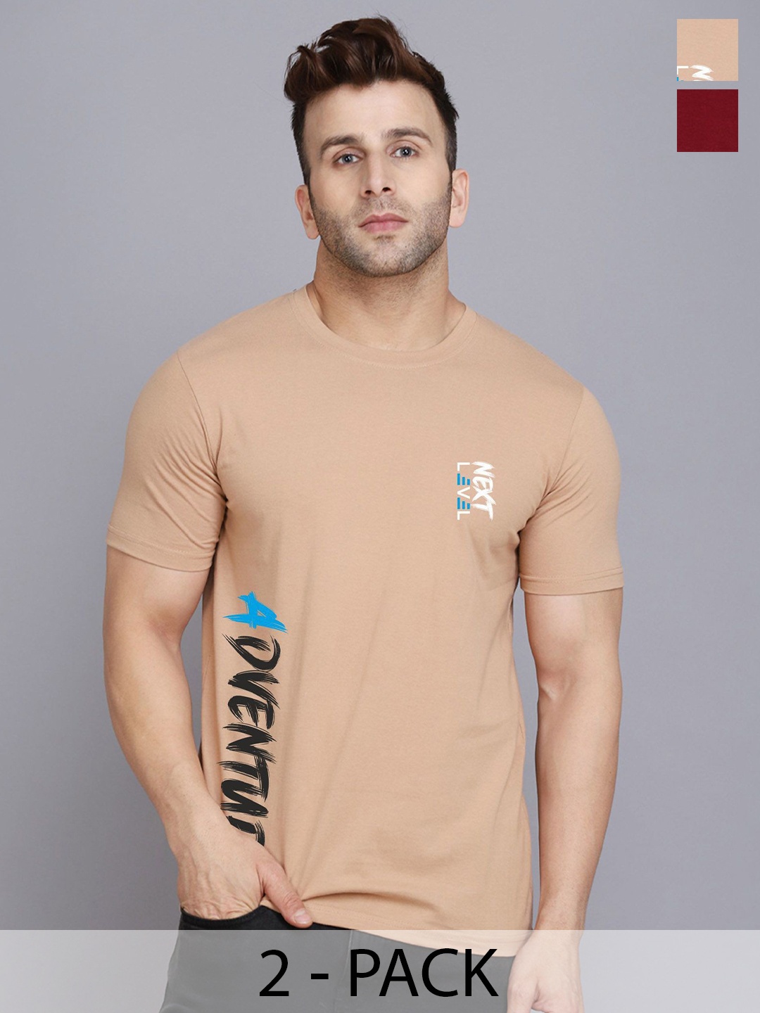 

SLOWLORIS Pack Of 2 Men Typography Printed Round Neck T-shirt, Rust